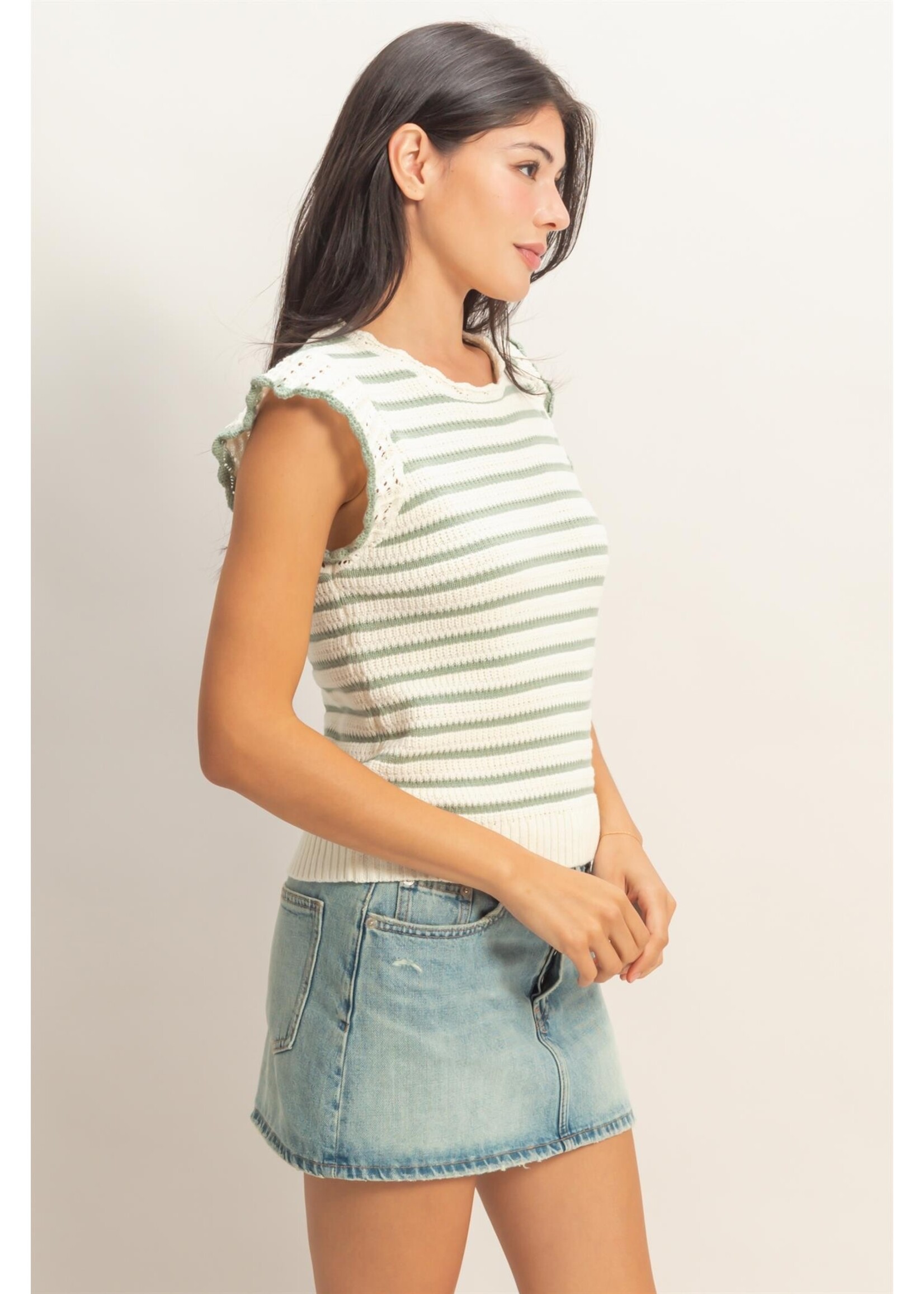 HYFVE Scalloped Striped Ruffle Sleeve Top - DZ26A037