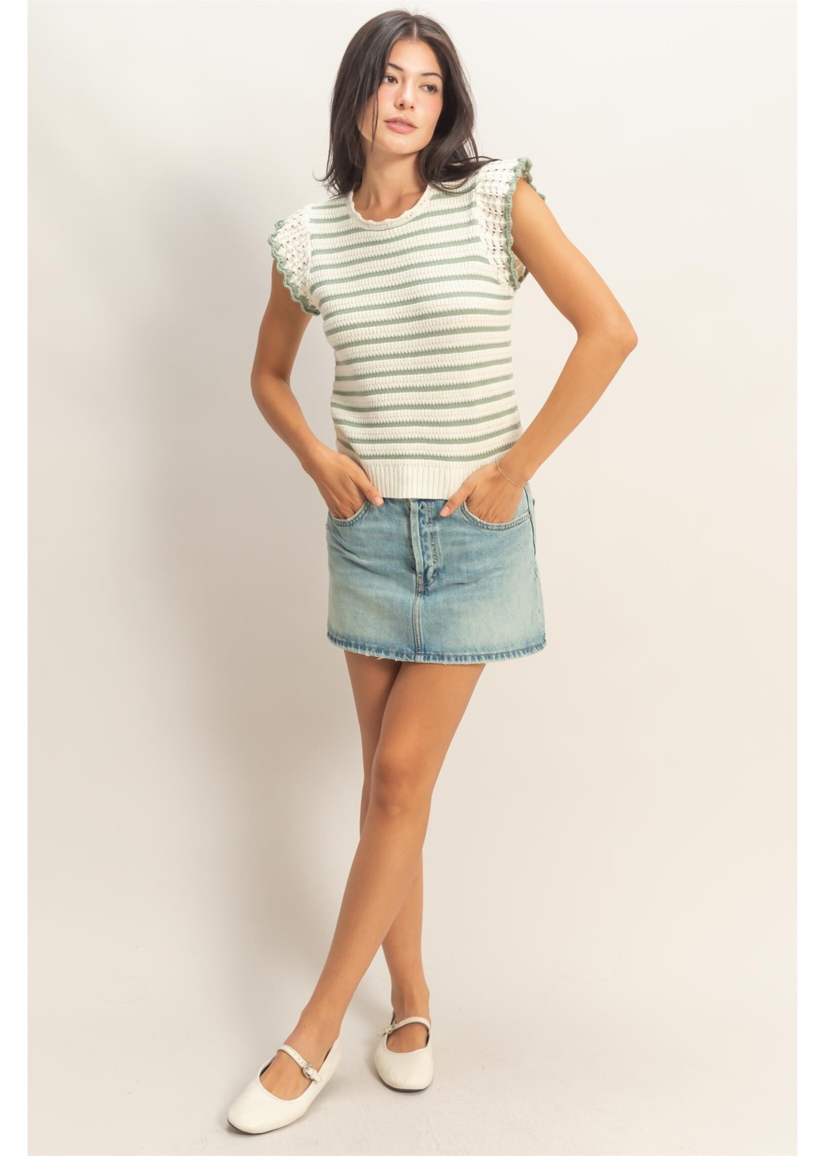 HYFVE Scalloped Striped Ruffle Sleeve Top - DZ26A037