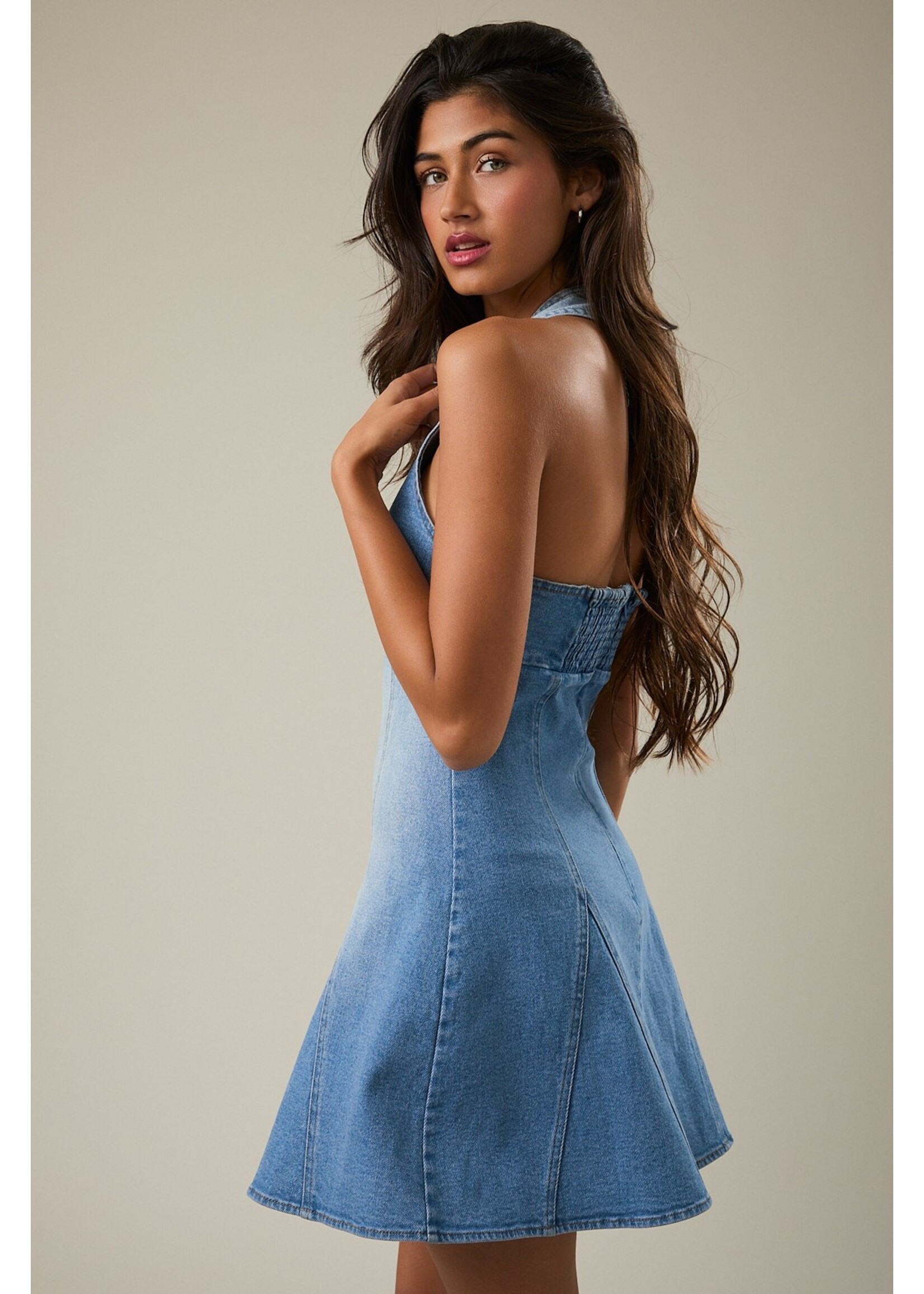 Le Lis Halter Neck Seam Detail Denim Mini Dress - ID6187
