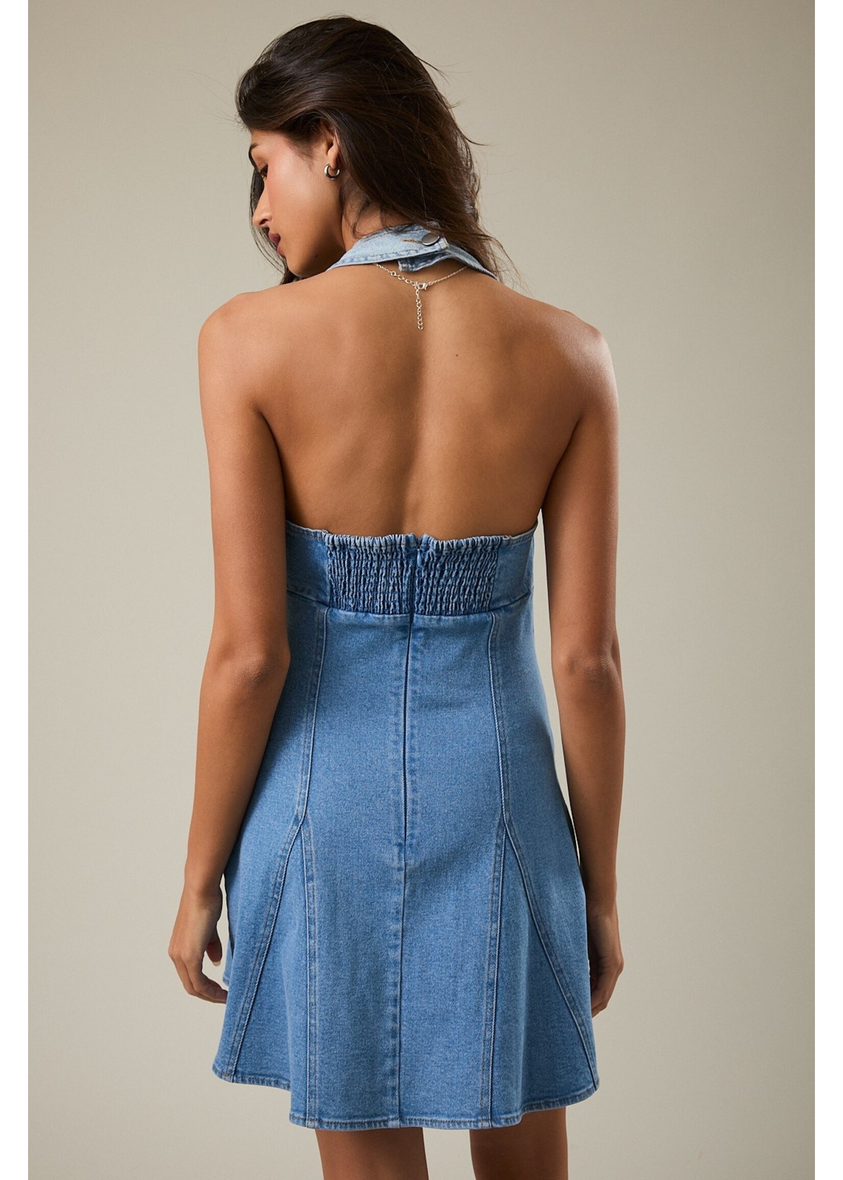 Le Lis Halter Neck Seam Detail Denim Mini Dress - ID6187