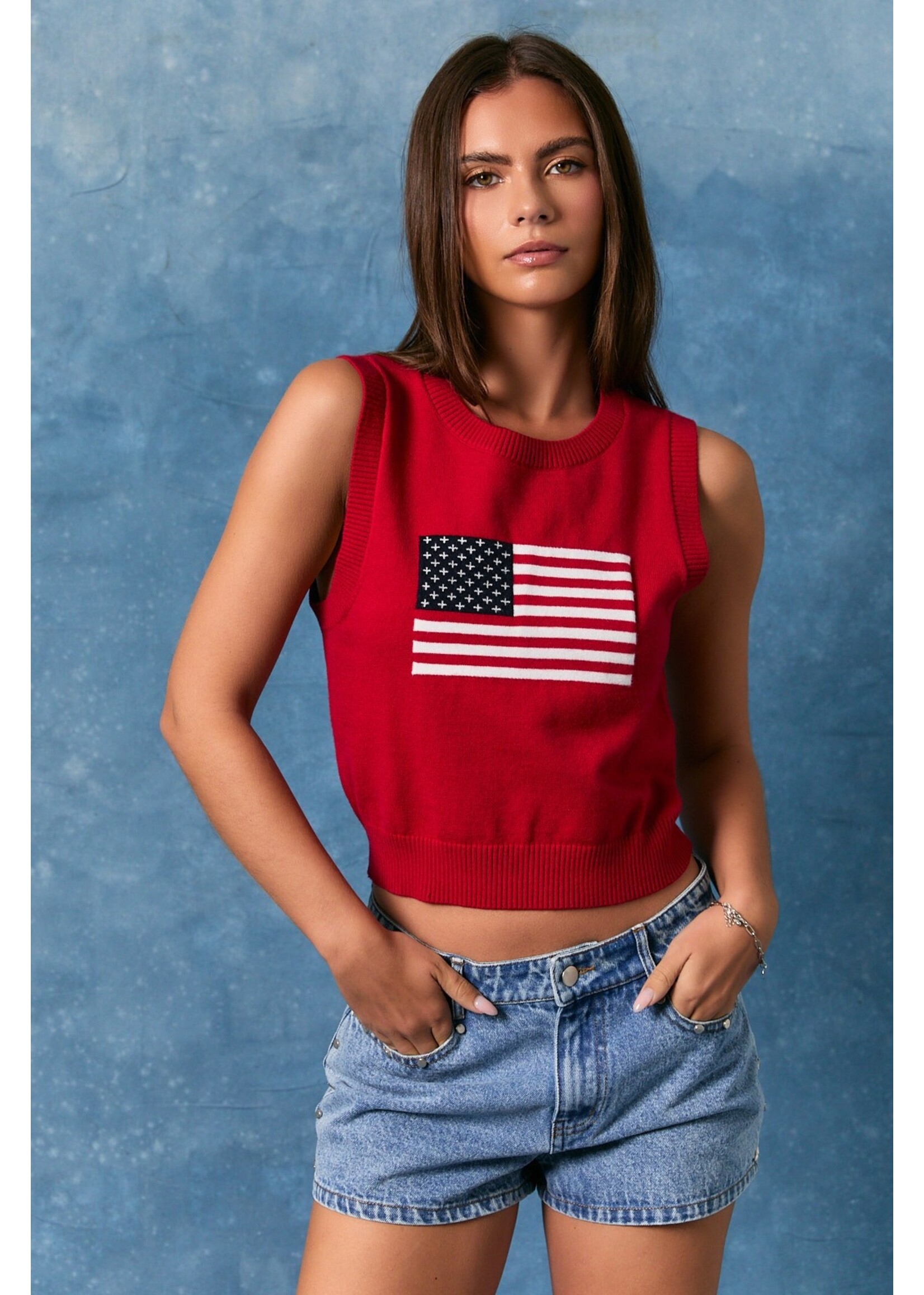 Le Lis Sleeveless Crew Neck Flag Sweater Crop Top - IWT6586