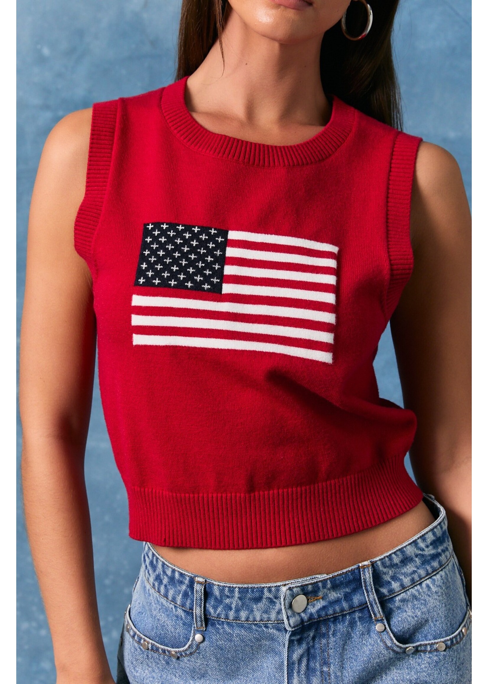 Le Lis Sleeveless Crew Neck Flag Sweater Crop Top - IWT6586