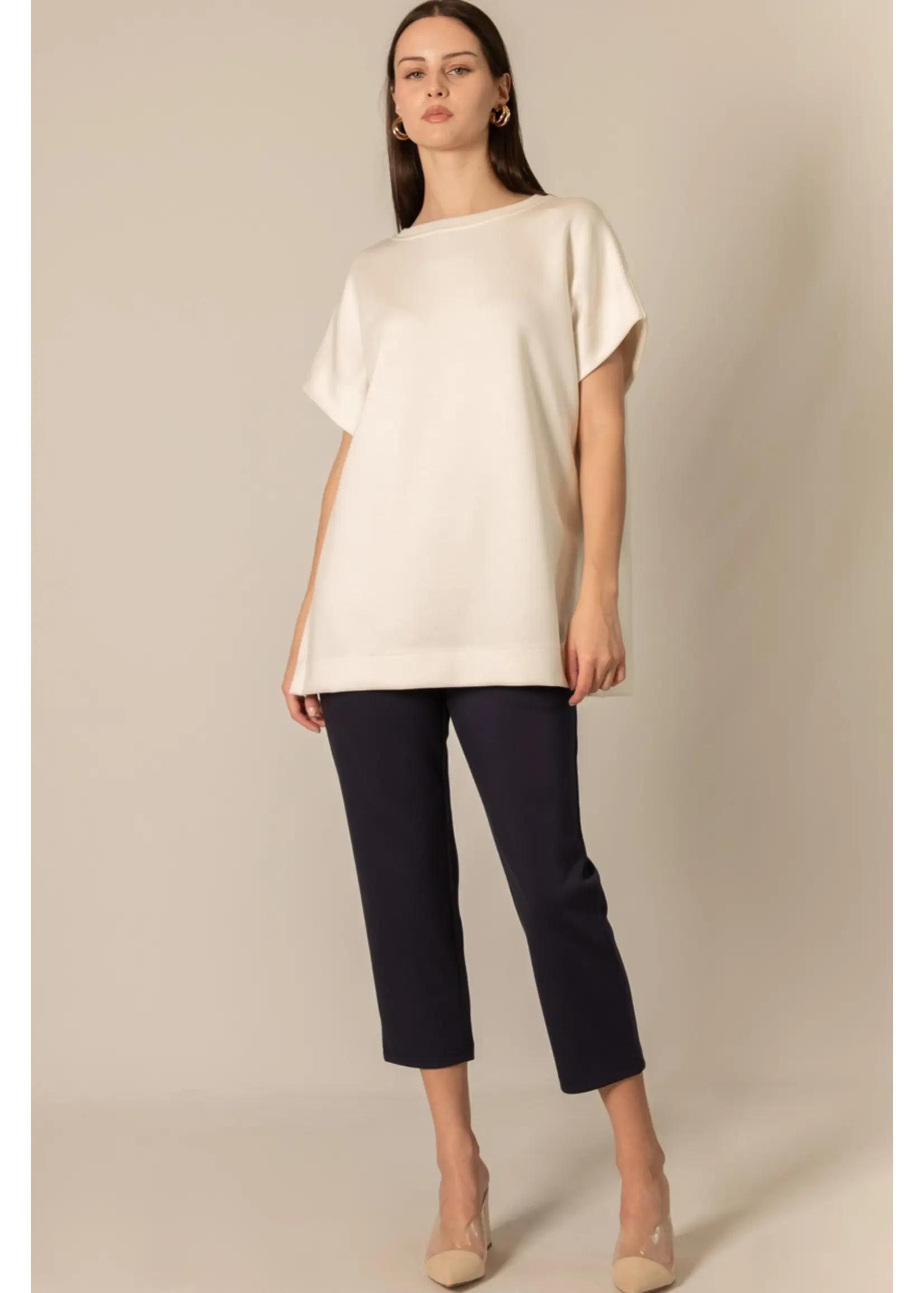 P. Cill Butter Modal Contrast Rib Short Sleeve Tunic Top - PT11022