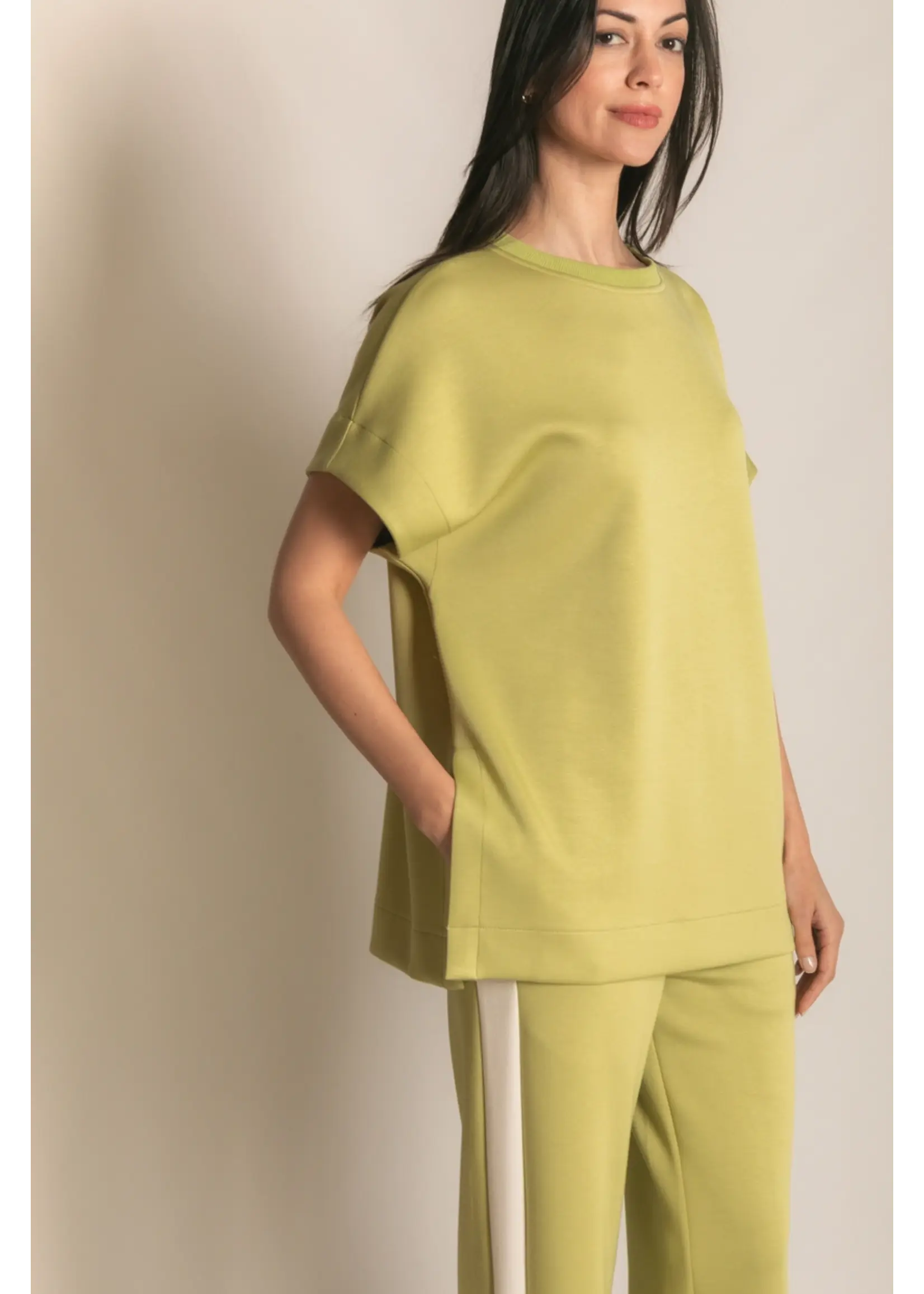 P. Cill Butter Modal Contrast Rib Short Sleeve Tunic Top - PT11022