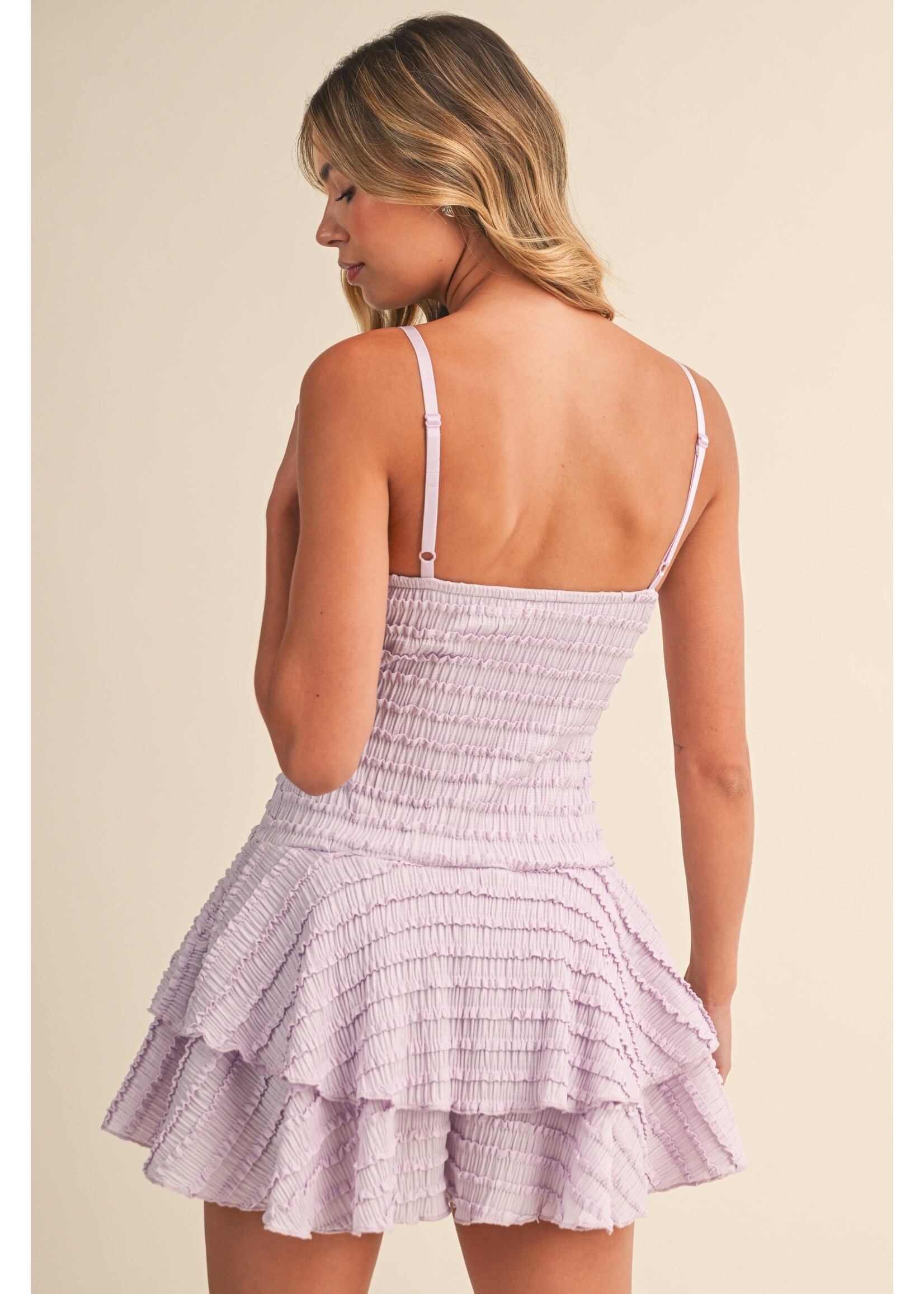 Klesis Ruffled Smocking Sleeveless Knit Tiered Flare Romper - IR2440