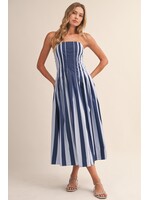 Klesis Strapless Striped Pleated Flare Midi Dress - ID10233