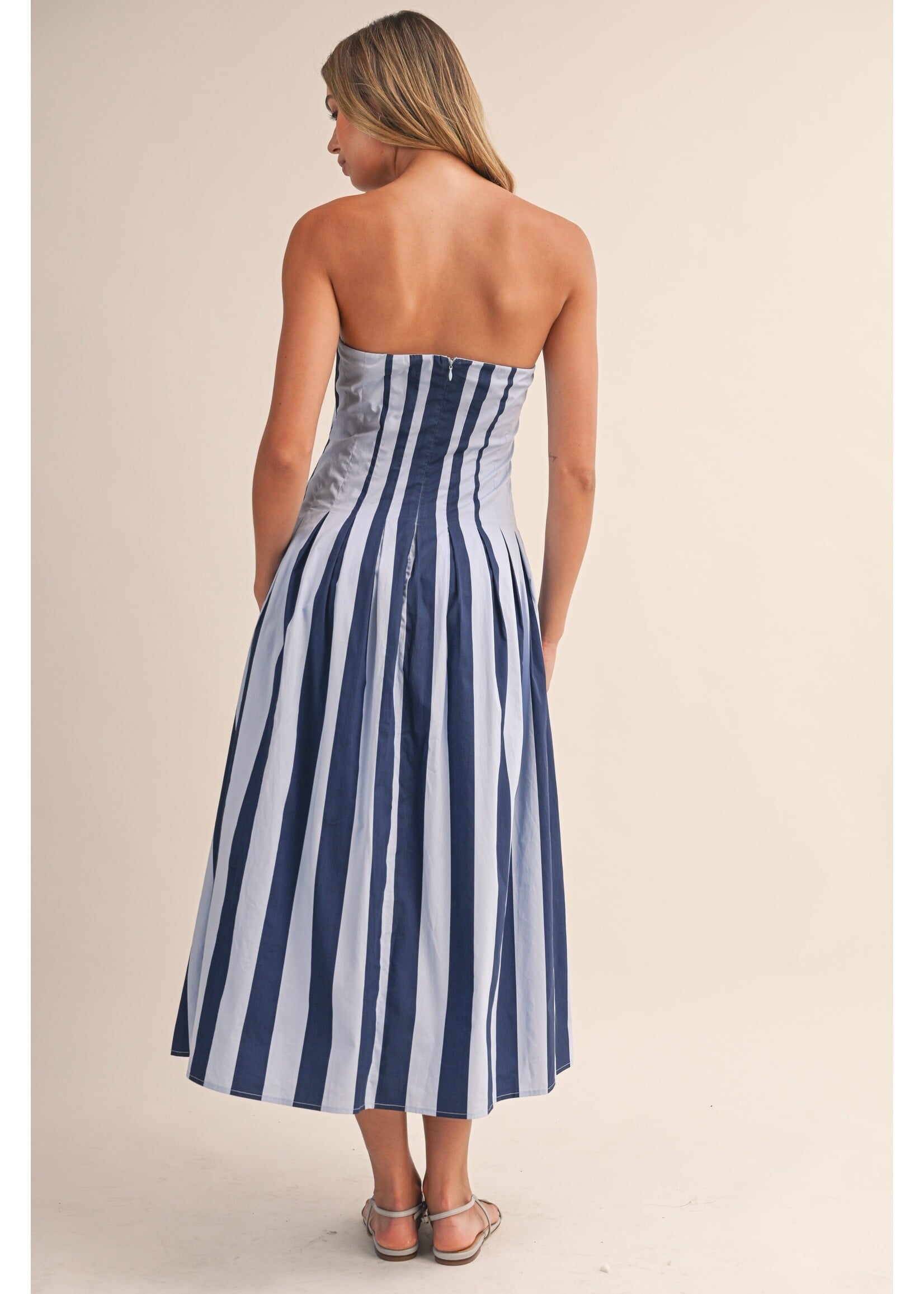 Klesis Strapless Striped Pleated Flare Midi Dress - ID10233