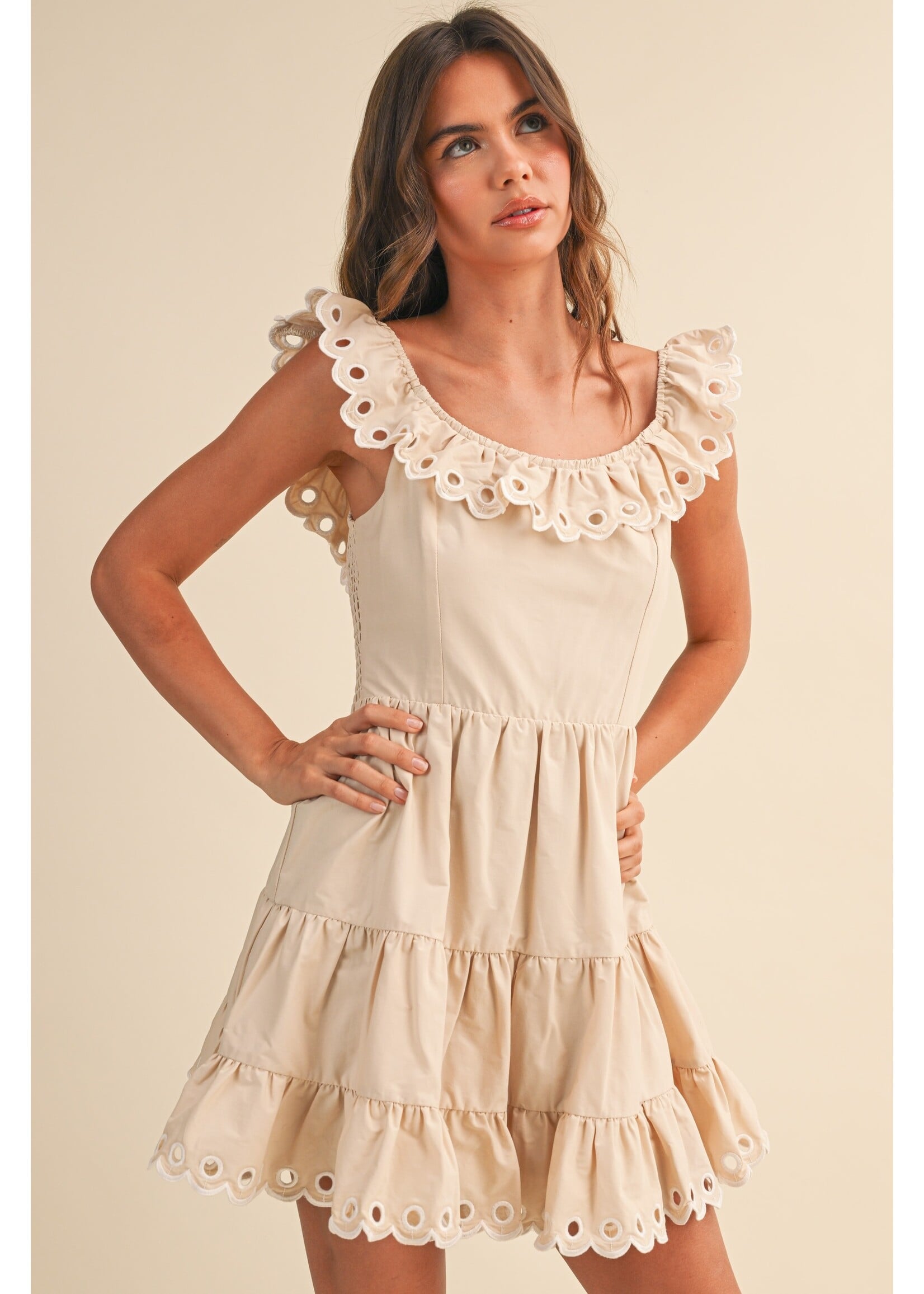 Klesis Scallop Embroidered Ruffle Sleeveless Tiered Mini Dress - ID10243