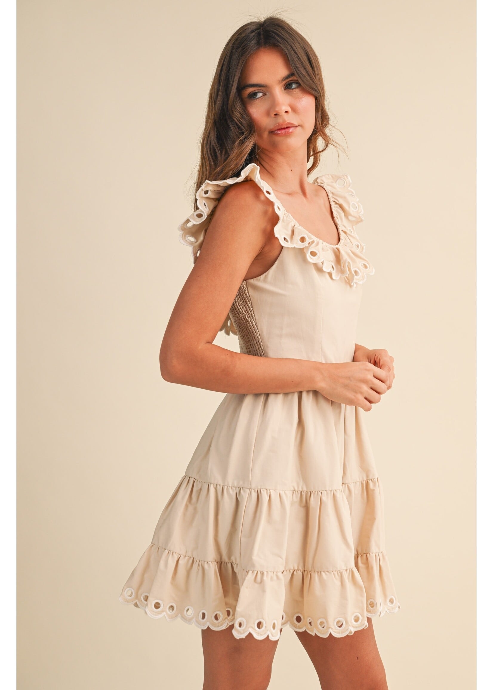 Klesis Scallop Embroidered Ruffle Sleeveless Tiered Mini Dress - ID10243