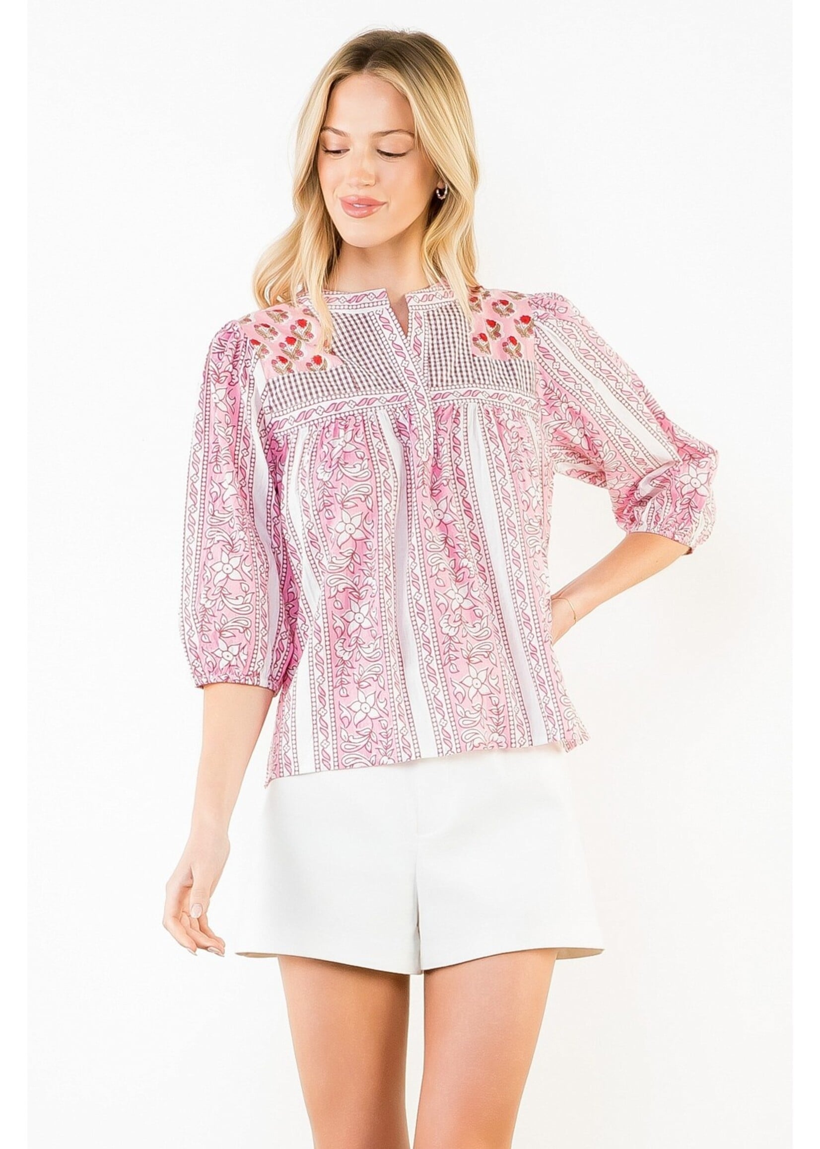 THML Long Sleeve Floral Pattern V-Neck Top - SRT2117