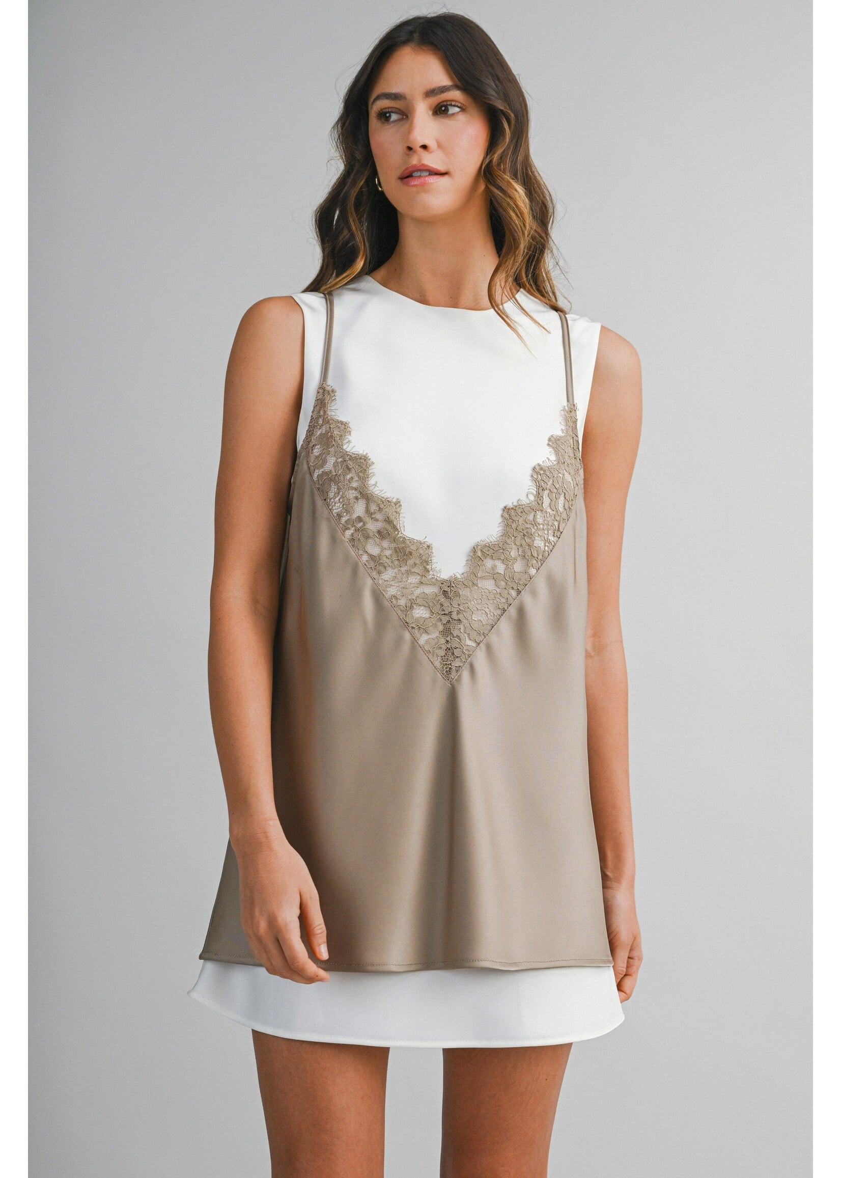 Mable Solid Sleeveless Dress With Contrast Lace Overlay - MST8706