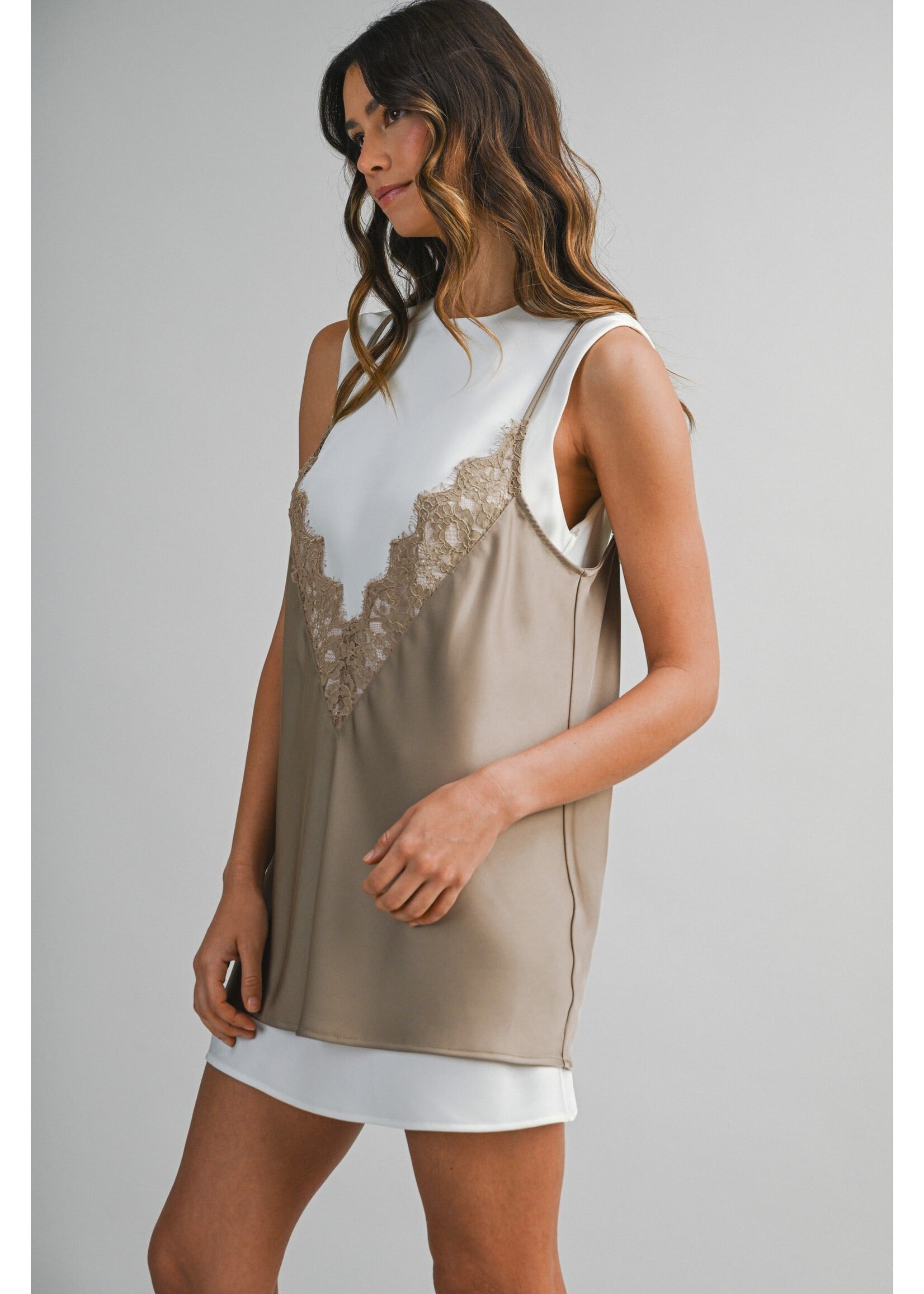 Mable Solid Sleeveless Dress With Contrast Lace Overlay - MST8706