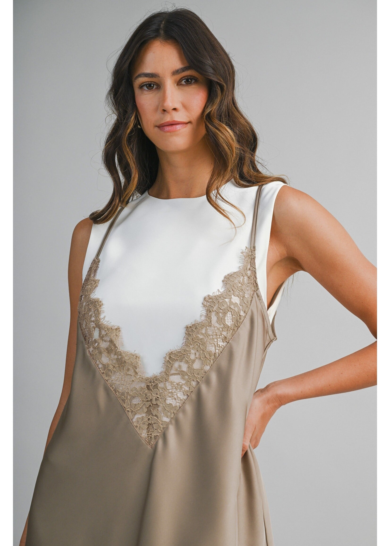 Mable Solid Sleeveless Dress With Contrast Lace Overlay - MST8706