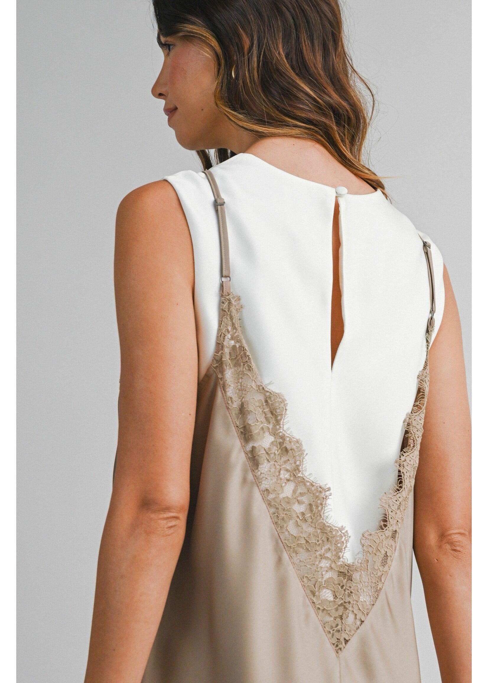 Mable Solid Sleeveless Dress With Contrast Lace Overlay - MST8706