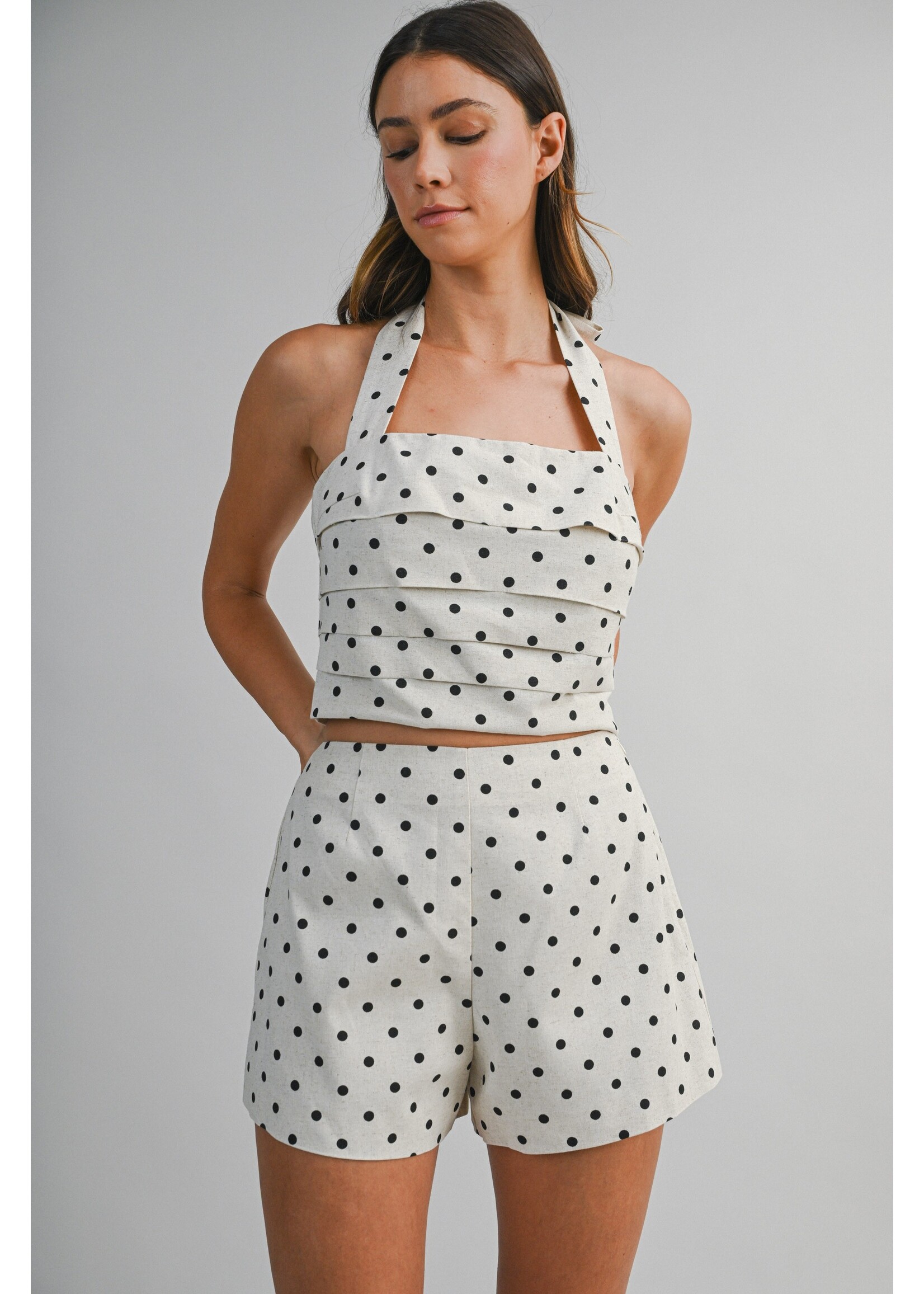 Luvee Polkadot Linen Pleat Detail Halter Top and Shorts Set - LST7061