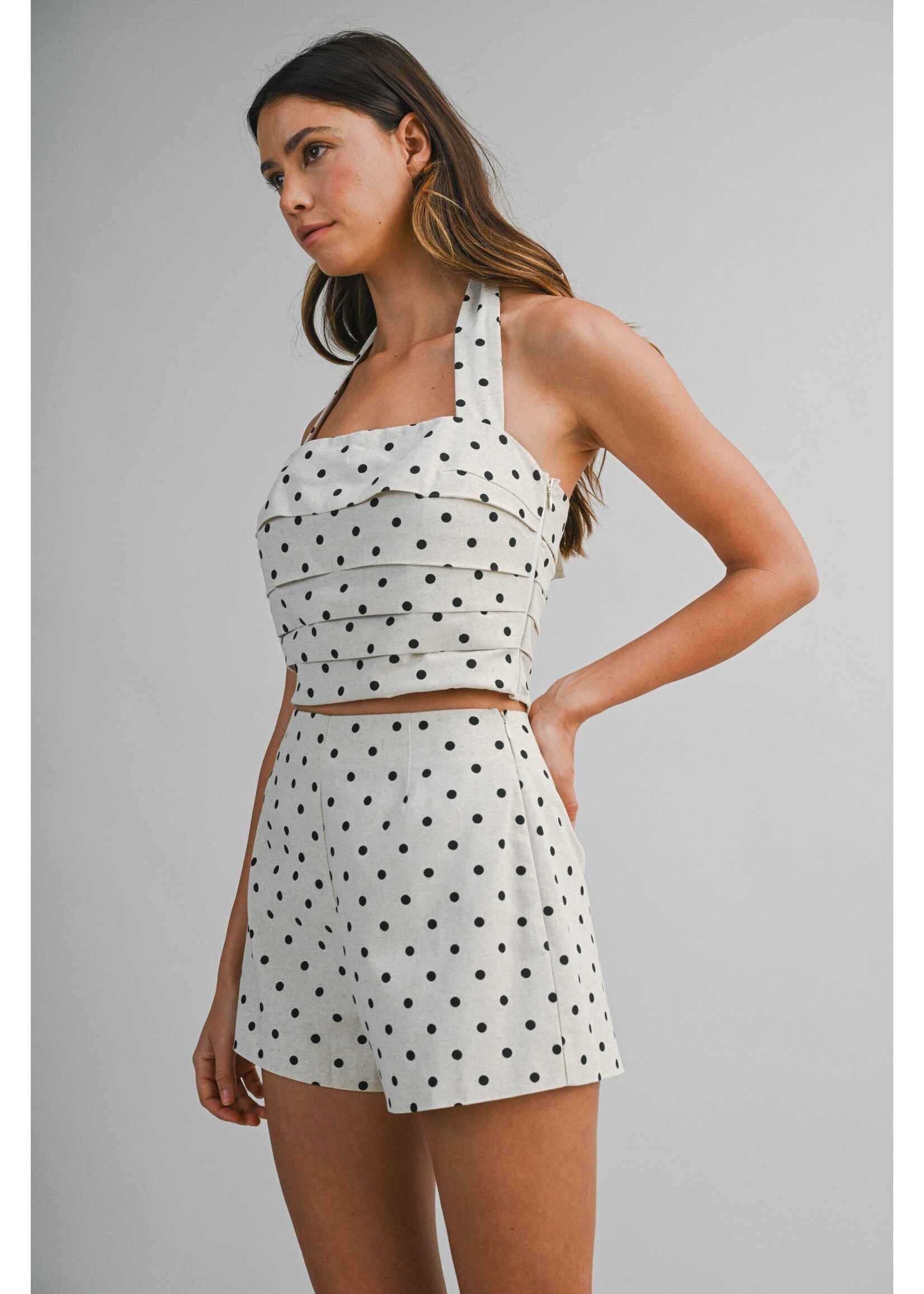 Luvee Polkadot Linen Pleat Detail Halter Top and Shorts Set - LST7061