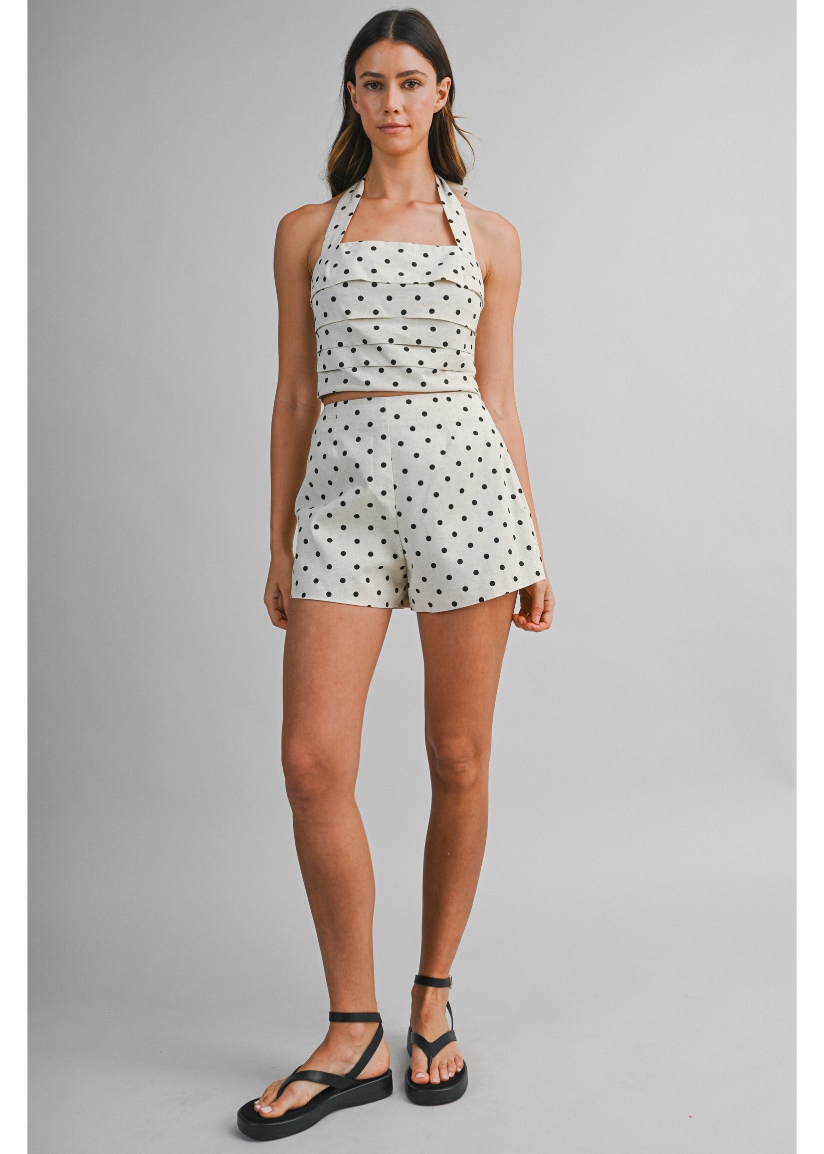 Luvee Polkadot Linen Pleat Detail Halter Top and Shorts Set - LST7061