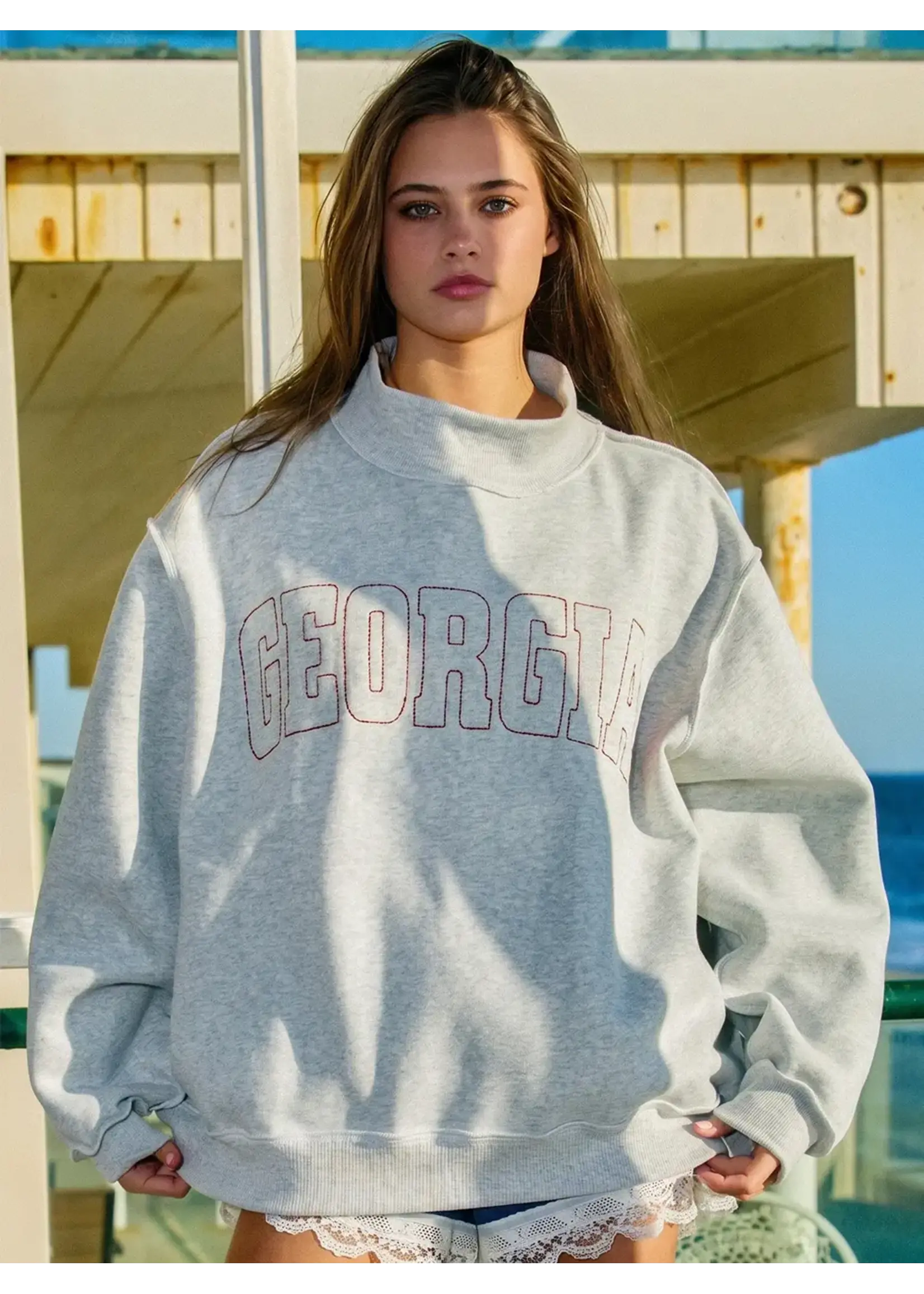 Bucketlist Embroidered Mock Neck Graphic Sweatshirt - IT2594E-GAEMBO2