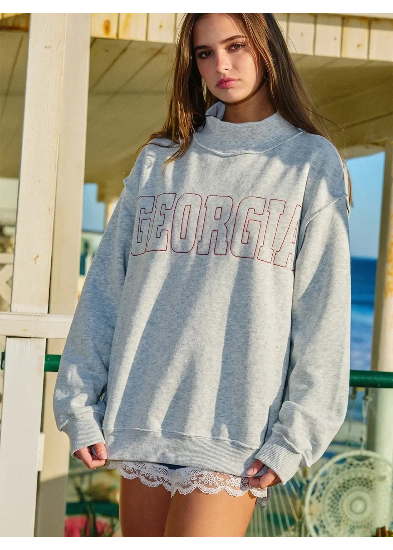 Bucketlist Embroidered Mock Neck Graphic Sweatshirt - IT2594E-GAEMBO2