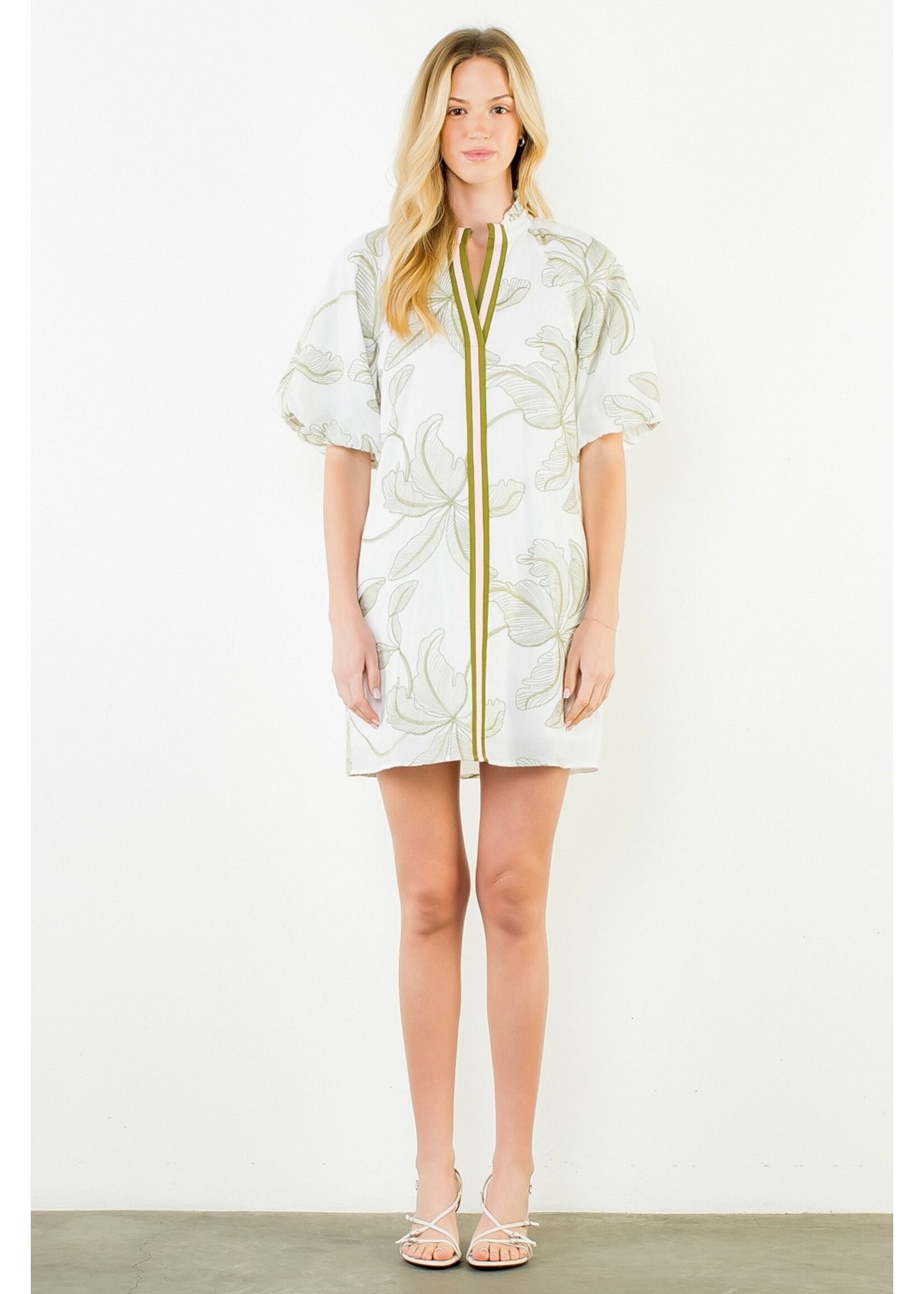 THML Puff Sleeve Embroidered Dress with Ruffled Collar - WCT3790