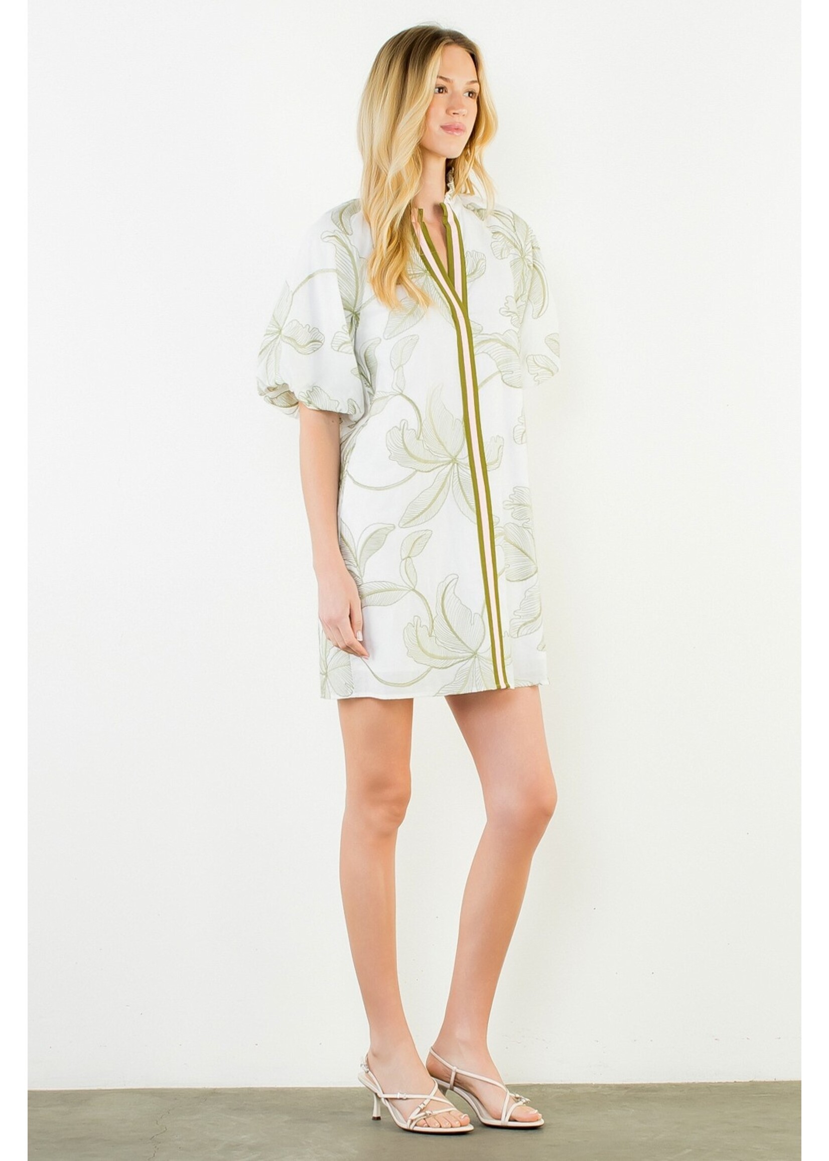 THML Puff Sleeve Embroidered Dress with Ruffled Collar - WCT3790