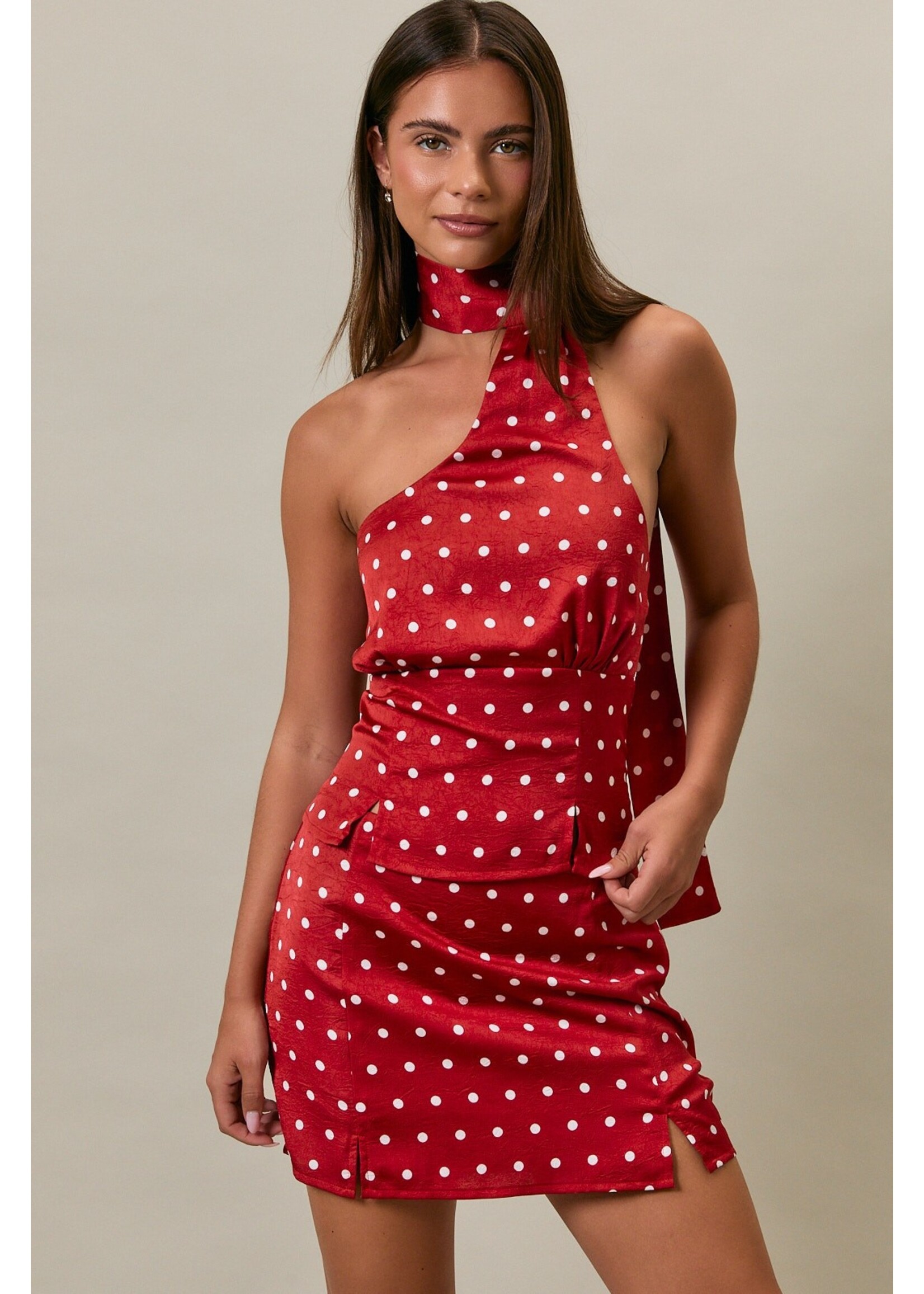 Le Lis Halter Neckline Polka Dot Top and Low Rise Skirt Set - PTS6614