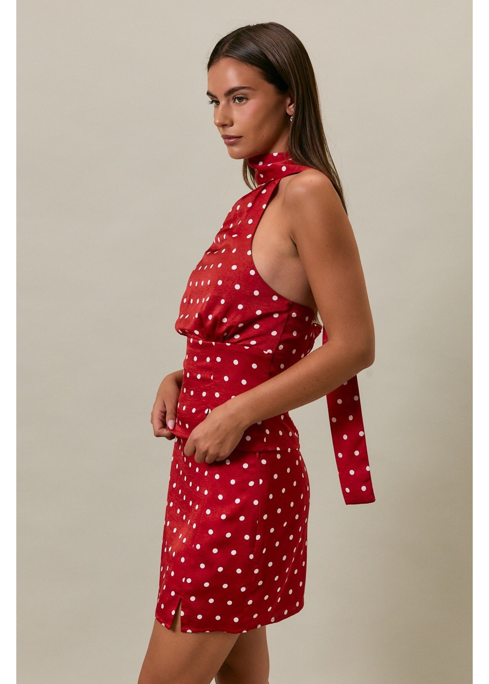 Le Lis Halter Neckline Polka Dot Top and Low Rise Skirt Set - PTS6614