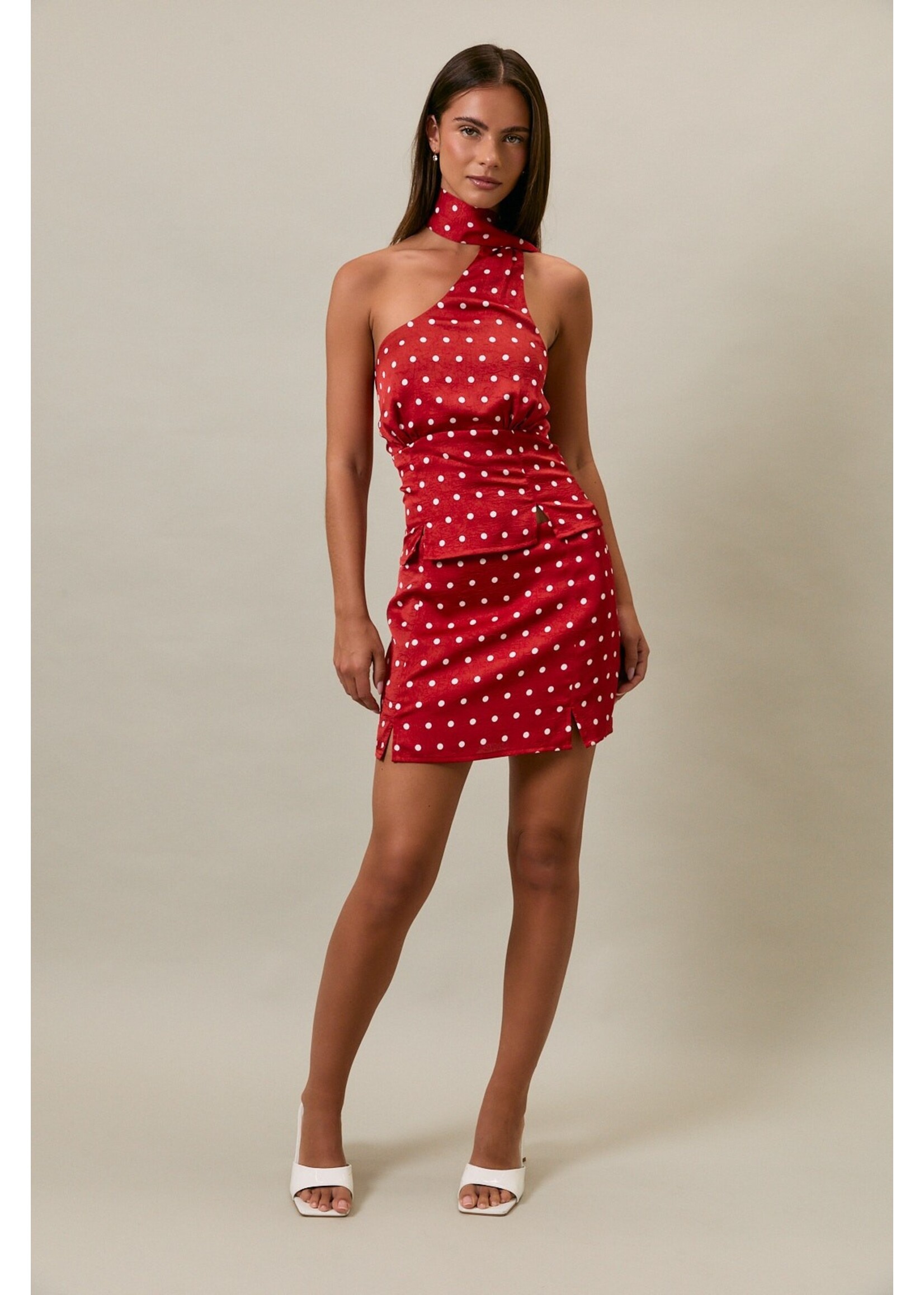 Le Lis Halter Neckline Polka Dot Top and Low Rise Skirt Set - PTS6614