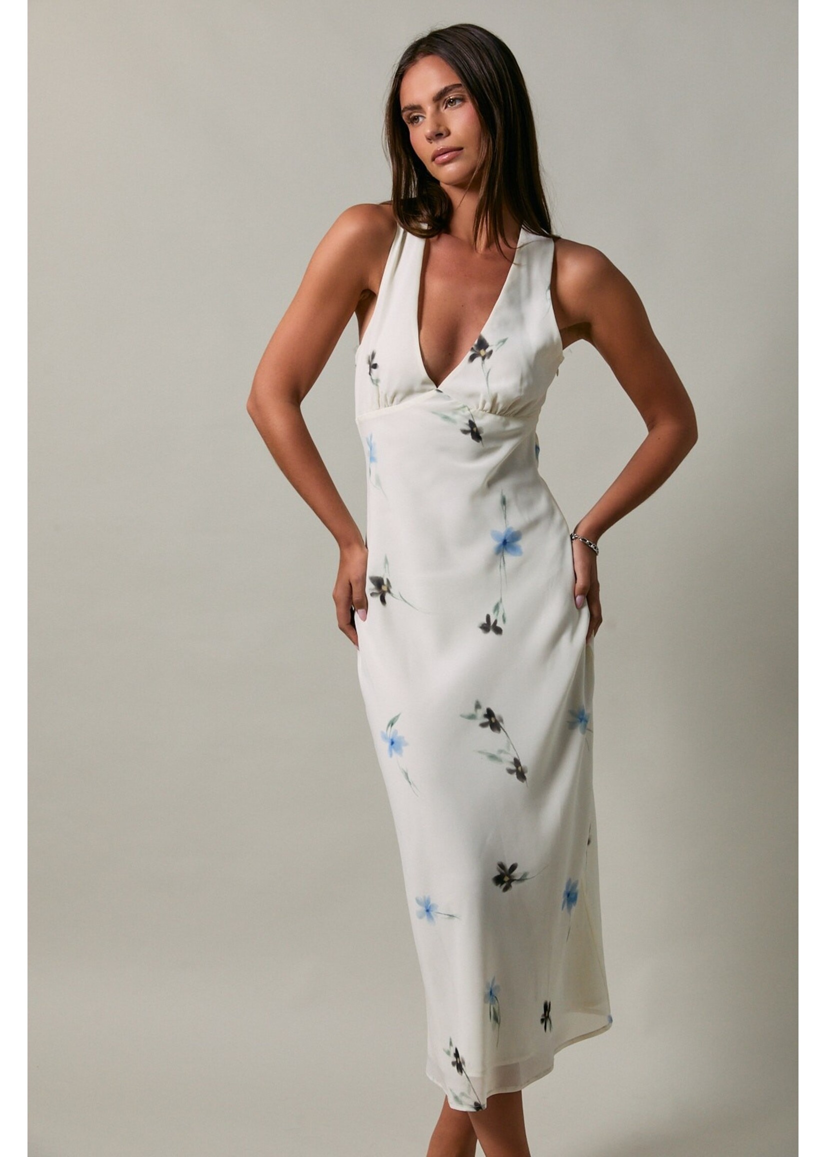 Le Lis Sleeveless V-Neck Open Bias Back Midi Dres - ID6762