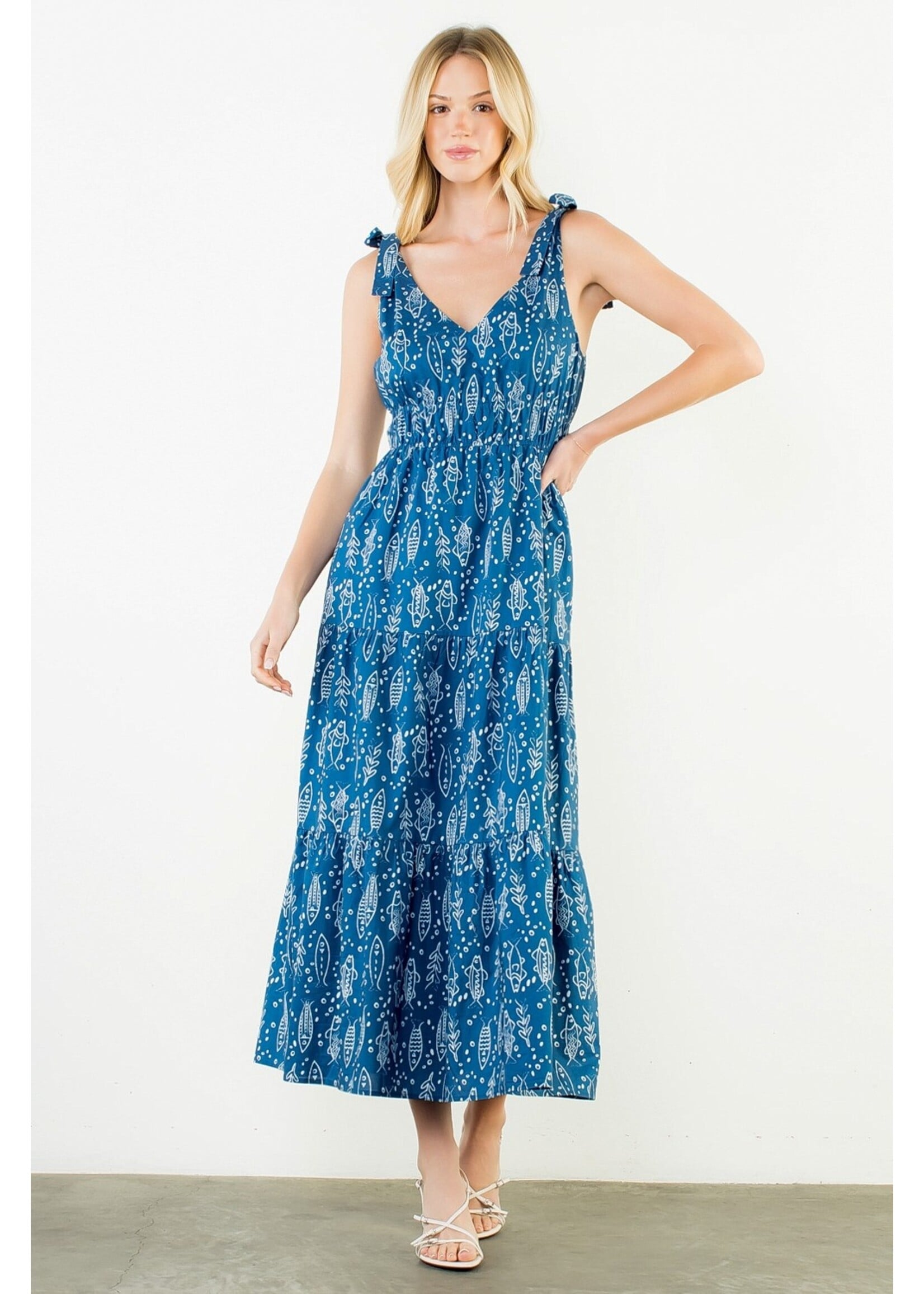 THML Tie Strap Fish Print Midi Dress - THS1900-3