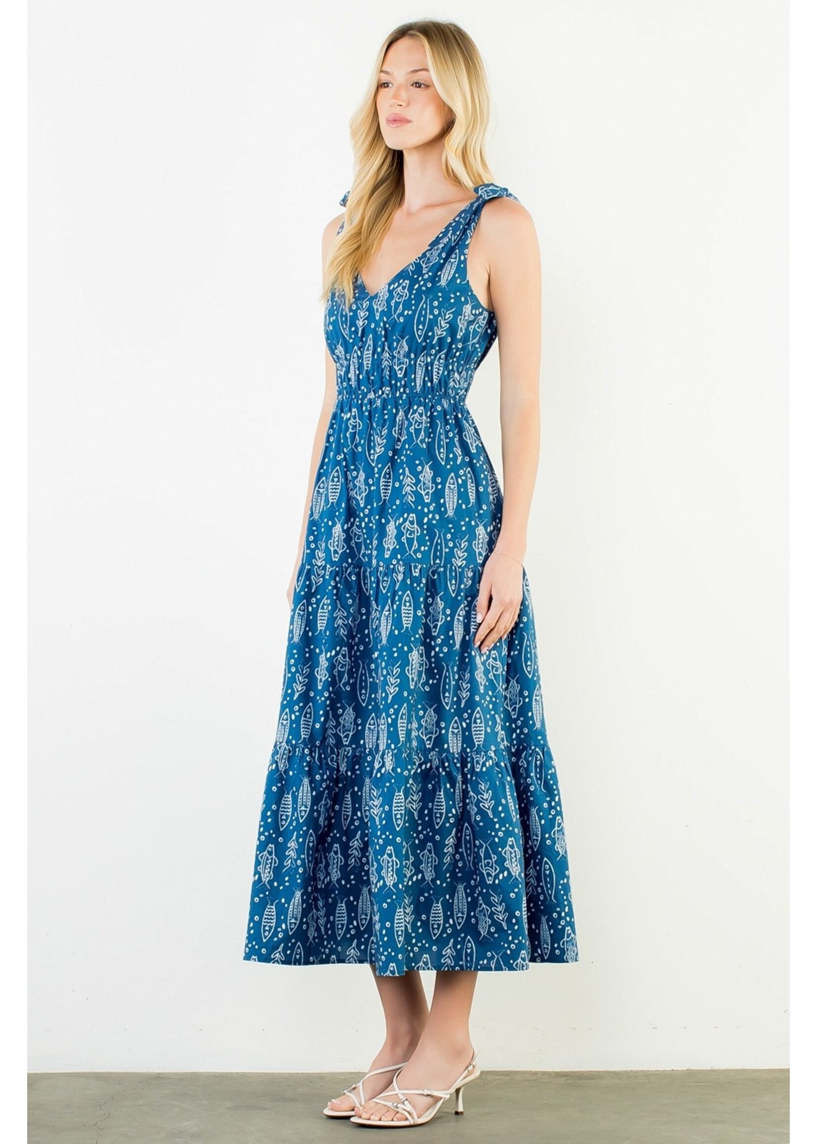 THML Tie Strap Fish Print Midi Dress - THS1900-3