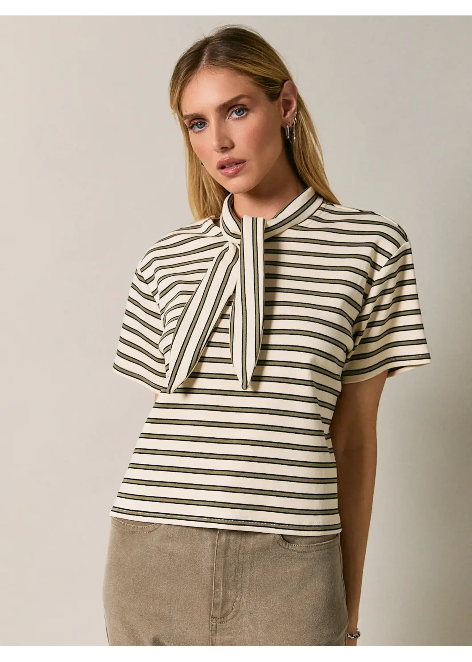 Sunday Edition Round Neck Striped Top with Faux Scarf Collar - JT8230