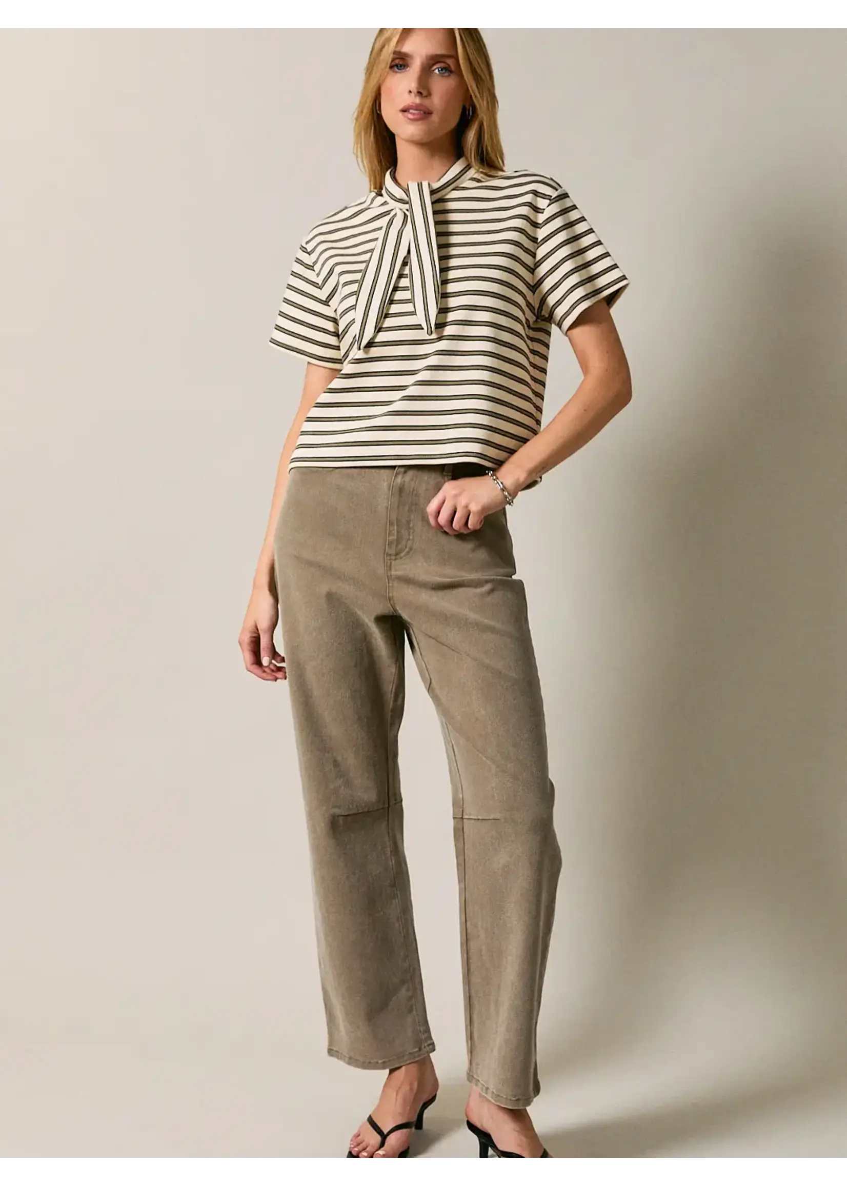 Sunday Edition Round Neck Striped Top with Faux Scarf Collar - JT8230
