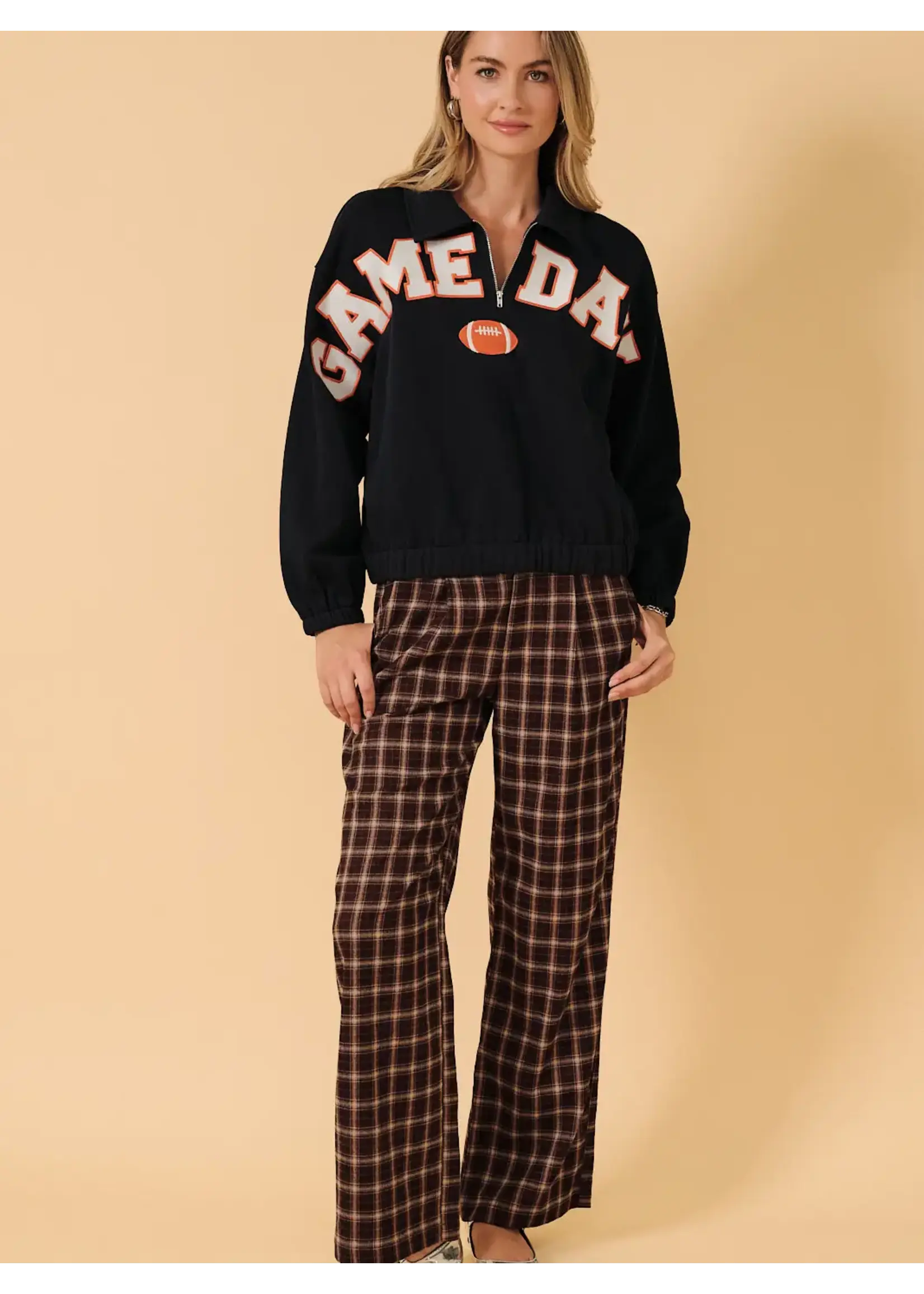 Sunday Edition Collared Long Sleeve "Game Day" Graphic Half Zip Up Sweatshirt - OT1057