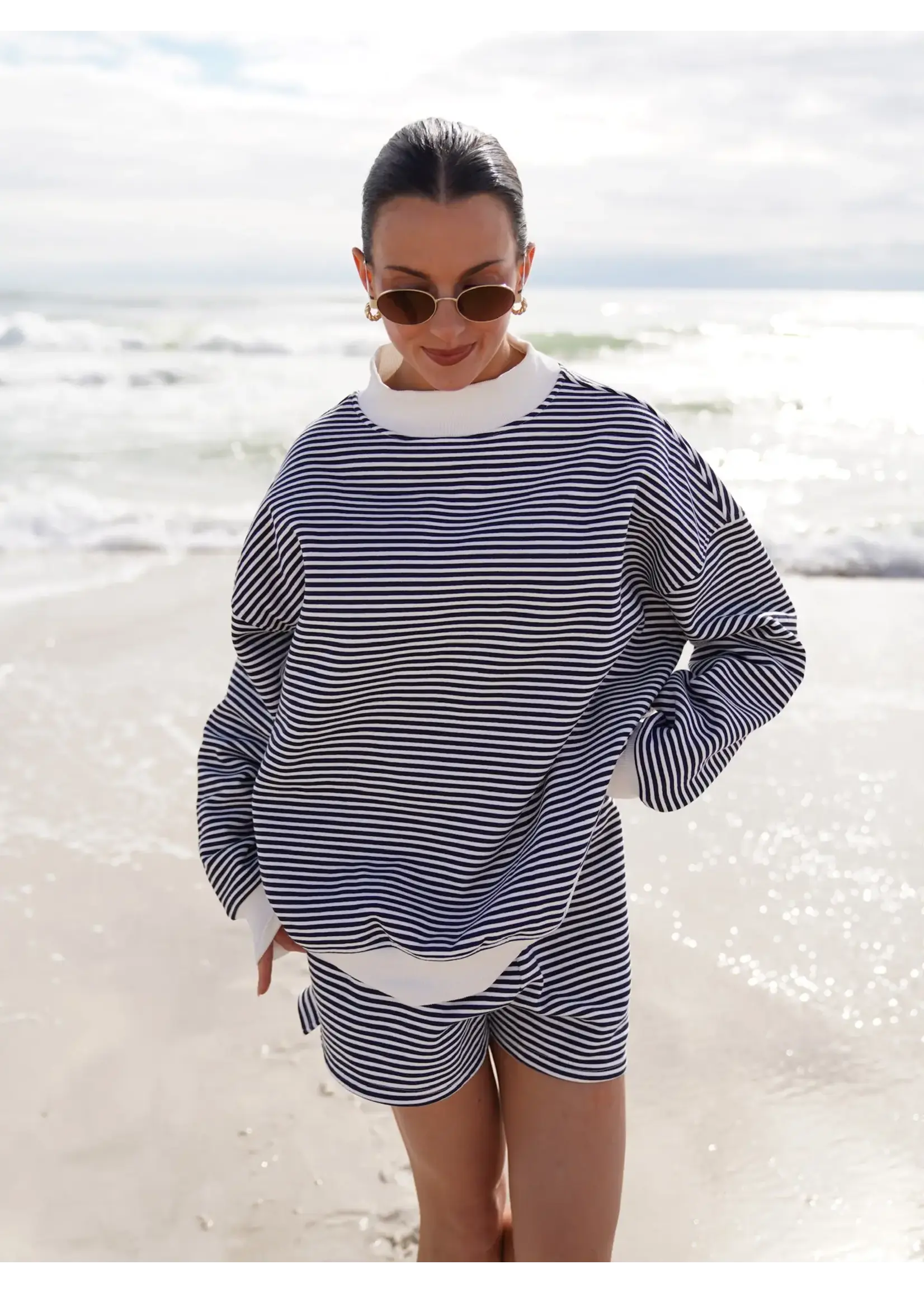 Sunkissed Coconut Big Striped Mockneck Sweatshirt - Skumockneck