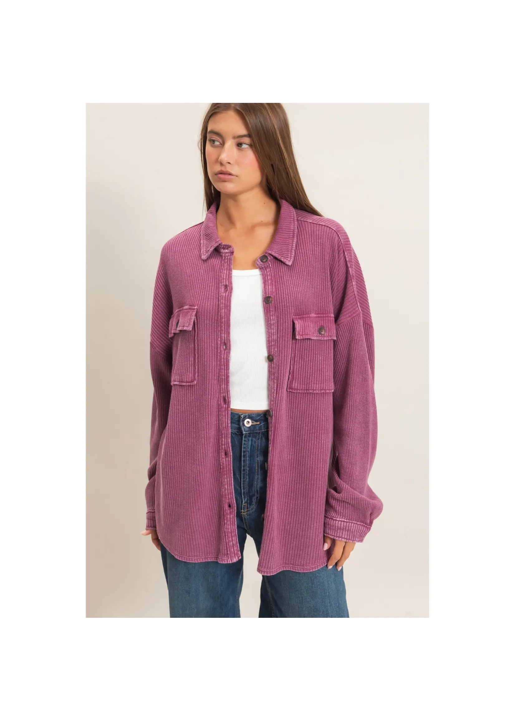HYFVE Mineral Wash Waffle Knit Button-Up Shacket - DZ26E249