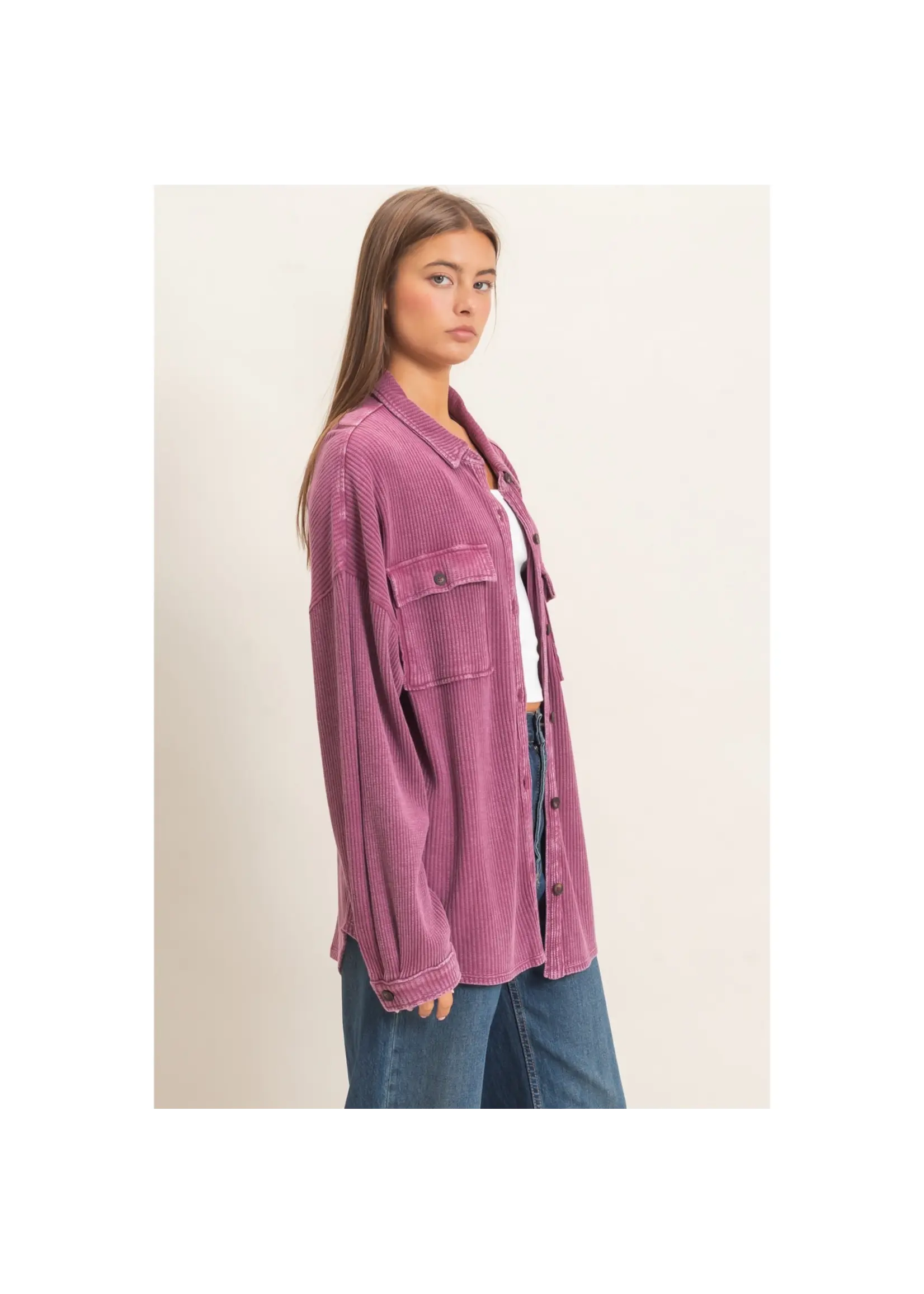 HYFVE Mineral Wash Waffle Knit Button-Up Shacket - DZ26E249