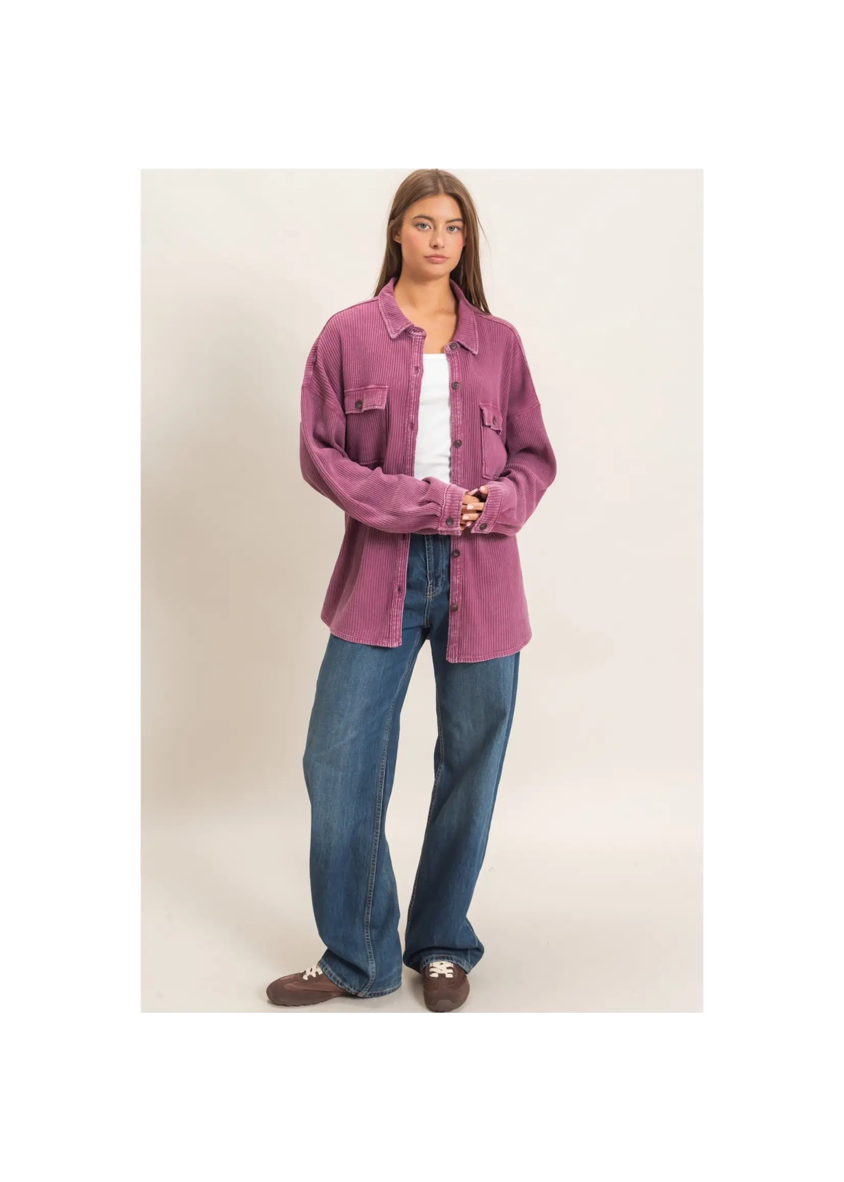 HYFVE Mineral Wash Waffle Knit Button-Up Shacket - DZ26E249