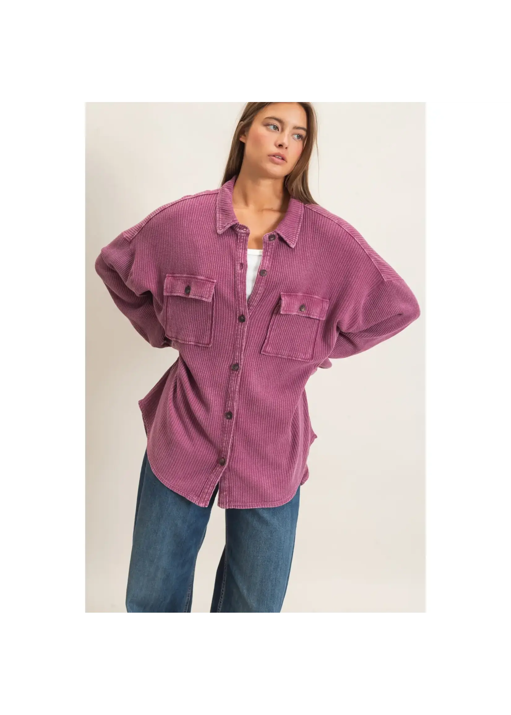 HYFVE Mineral Wash Waffle Knit Button-Up Shacket - DZ26E249