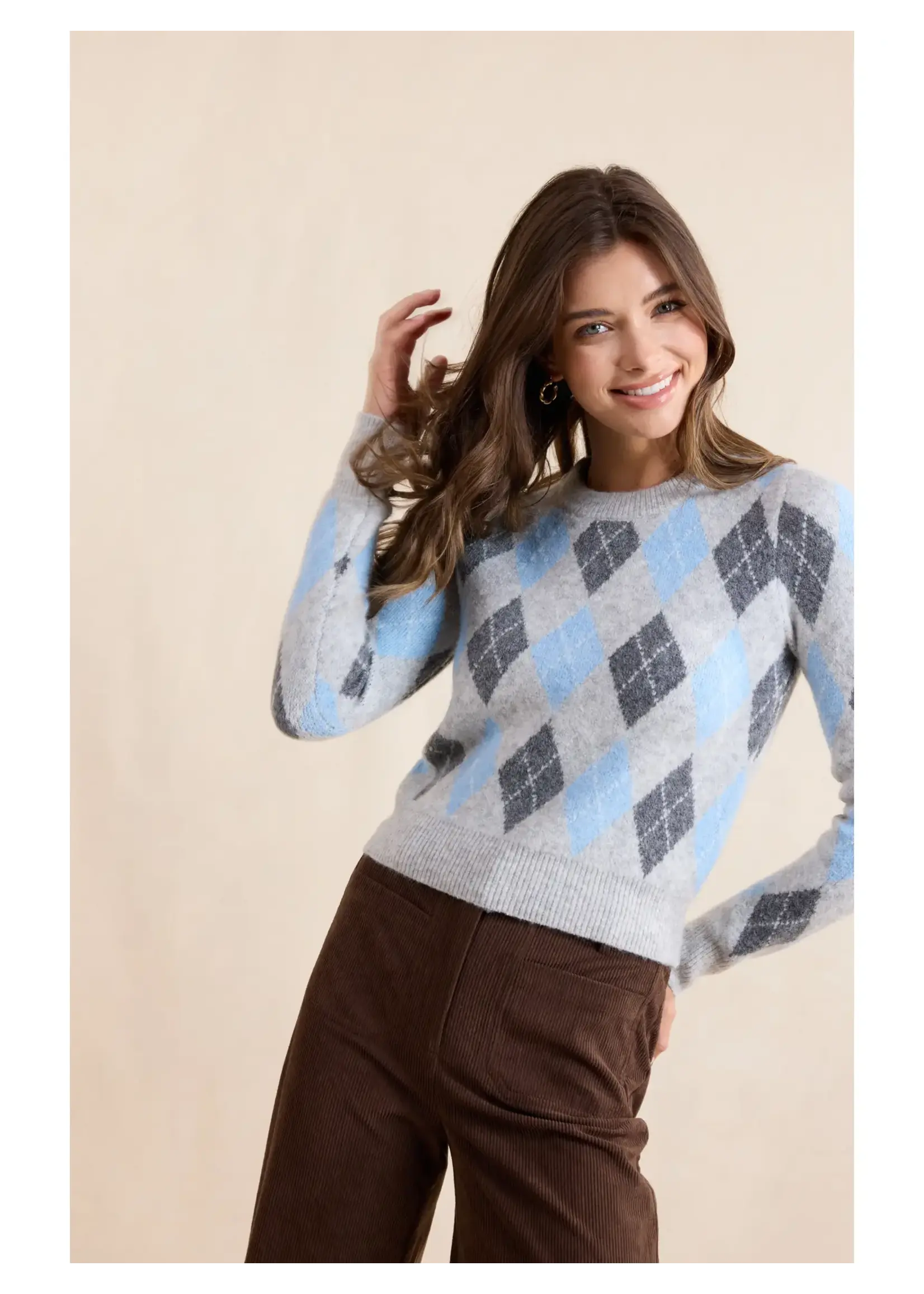 Sadie & Sage Blue Fog Argyle Sweater - AJ3454