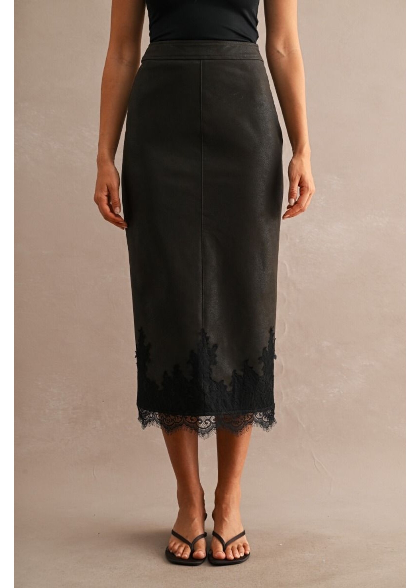 Luvee Faux Leather Lace Hem Midi Skirt - LS5027