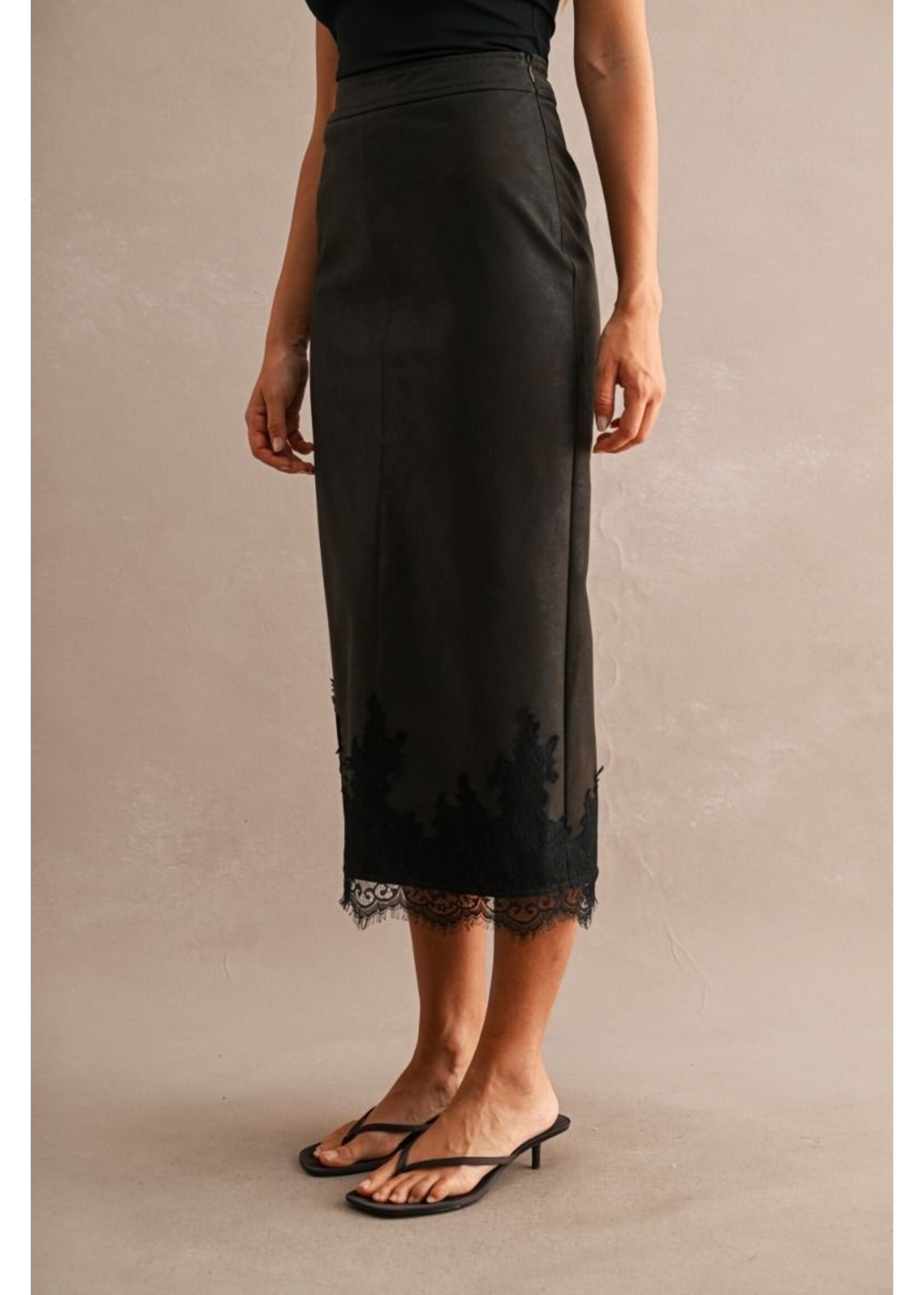 Luvee Faux Leather Lace Hem Midi Skirt - LS5027