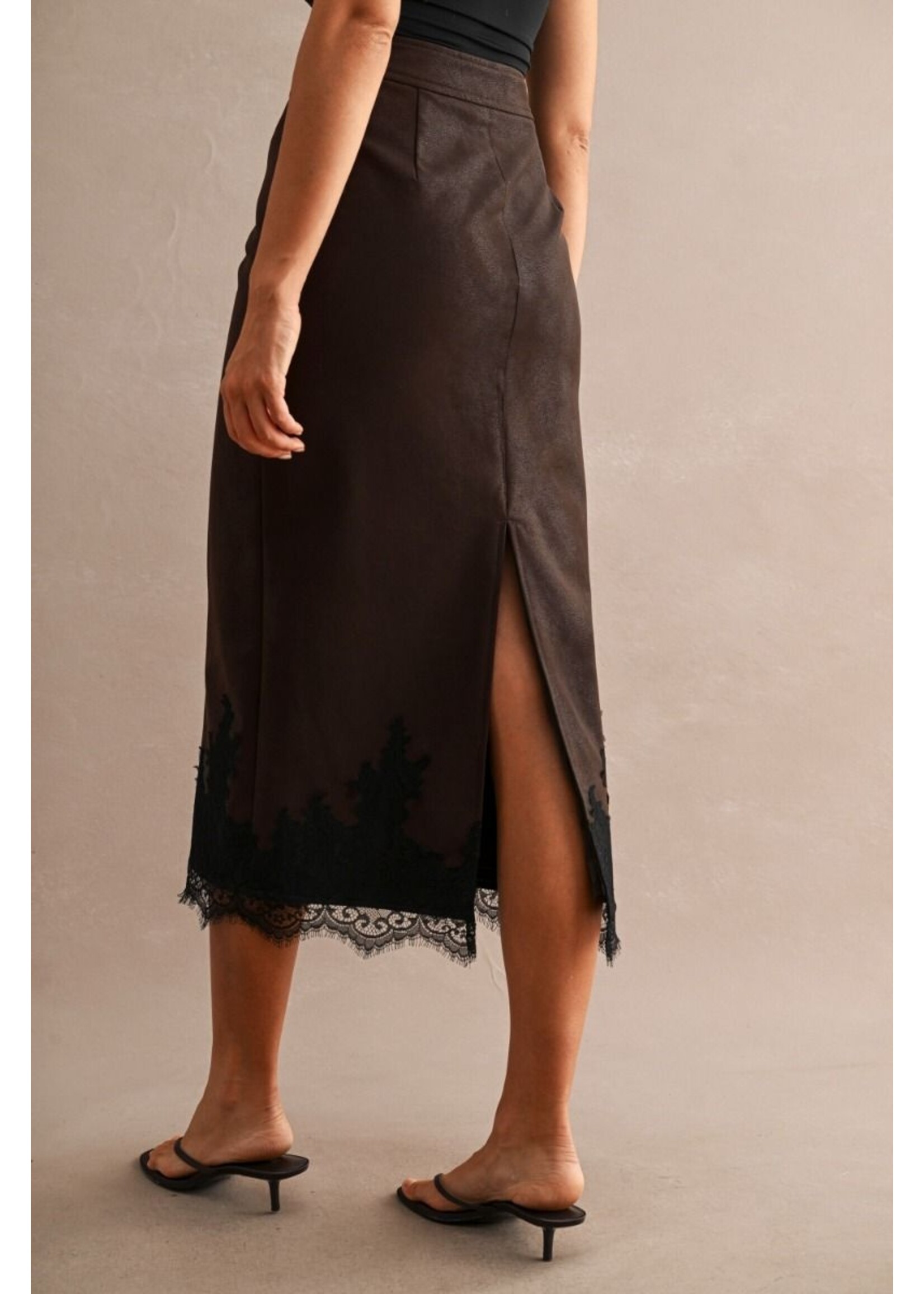 Luvee Faux Leather Lace Hem Midi Skirt - LS5027