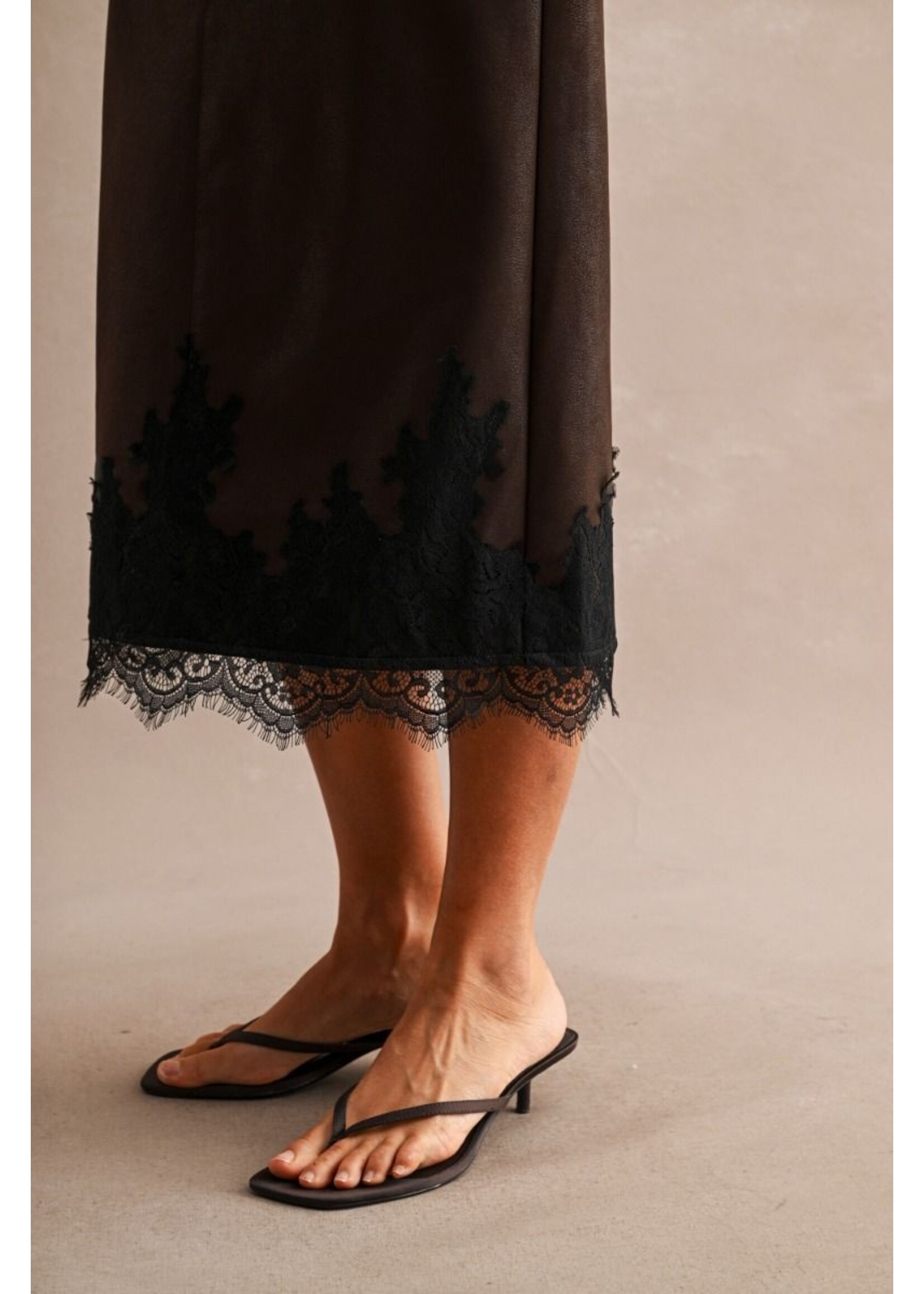 Luvee Faux Leather Lace Hem Midi Skirt - LS5027