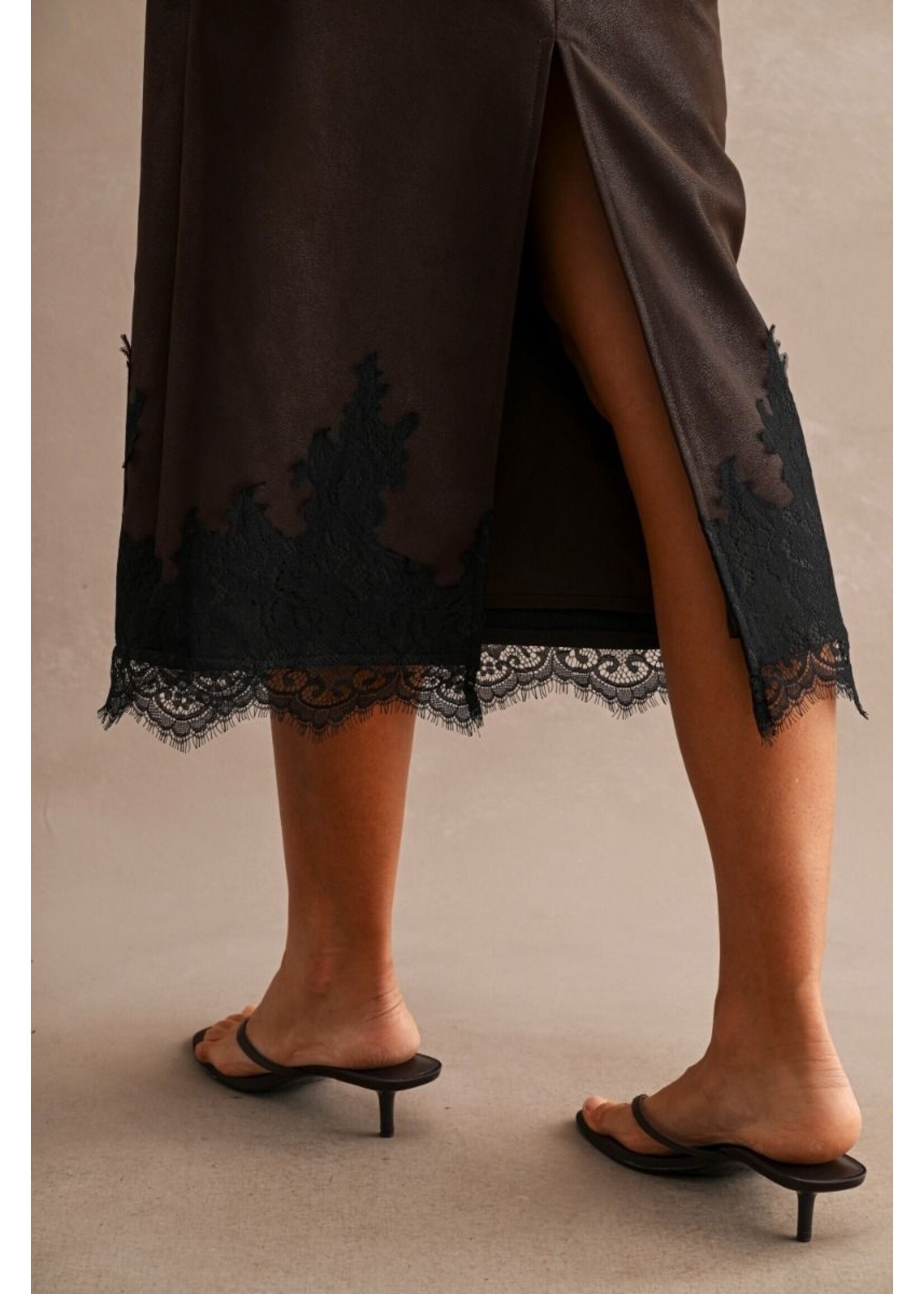 Luvee Faux Leather Lace Hem Midi Skirt - LS5027