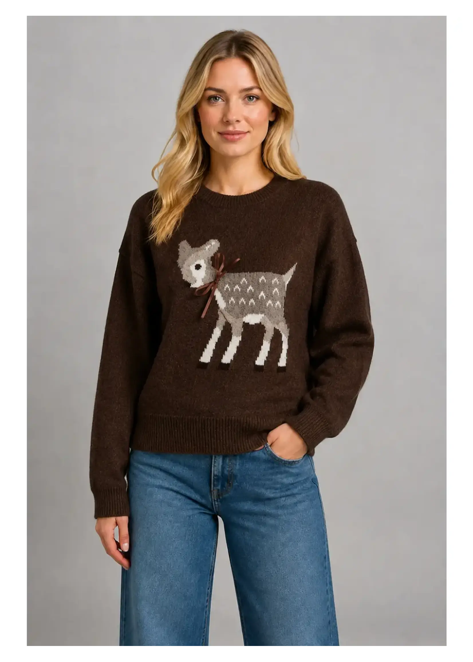 Dreamers Ribbon-Bow Fawn Motif Sweater - CC3848-B