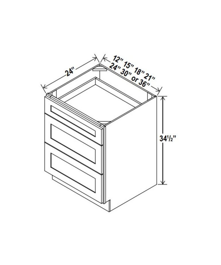 Evercraft Cabinetry Shaker White - Drawer Base Cabinet - 12"W X 24"D X 34-1/2"H With 3 Drawer