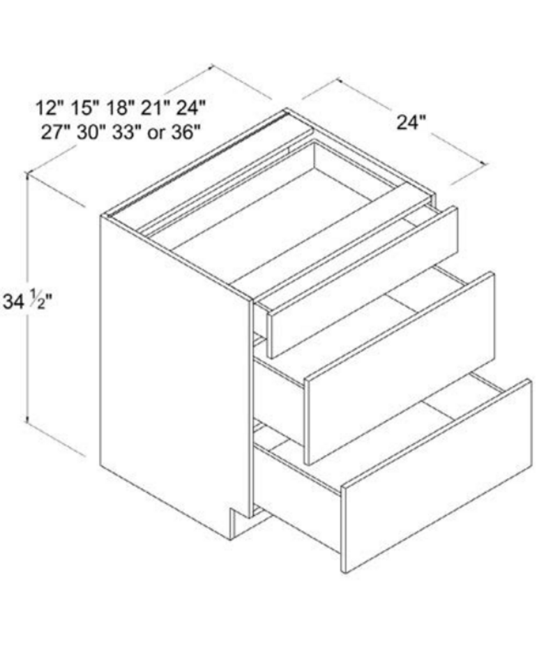 Evercraft Cabinetry Shaker White - Three Drawer Base Cabinets - 27"W X 34.5"H X 24"D - Cabinet Has Three Drawers.
