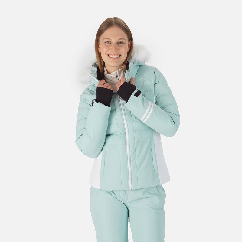 Women's stretch polyester ski jacket with detachable hood