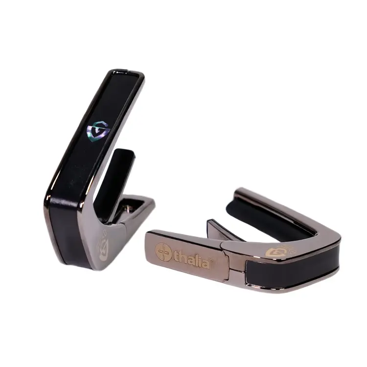 Thalia Guild Black Chrome Finish Capo - Ebony Inked w/V Block Fingerboard Marker - by Thalia